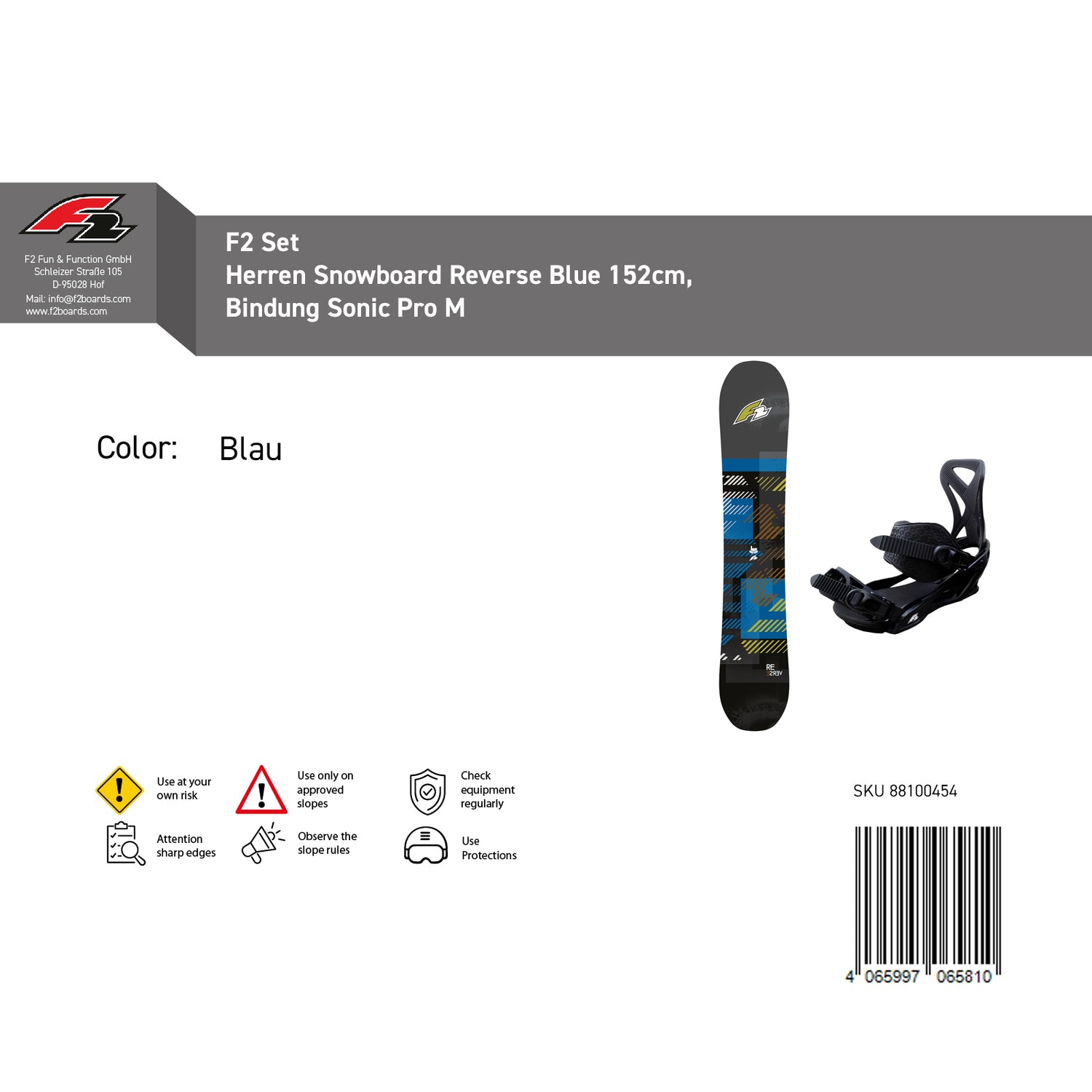 F2 Set Snowboard Reverse Blue mit Bindung Sonic Pro Komplettset Größe wählbar