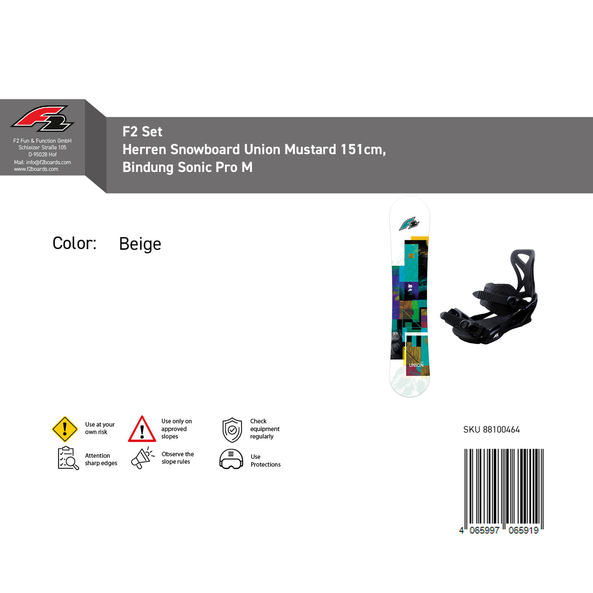 F2 Set Herren Snowboard Union Mustard mit Bindung Sonic Pro Größen wählbar