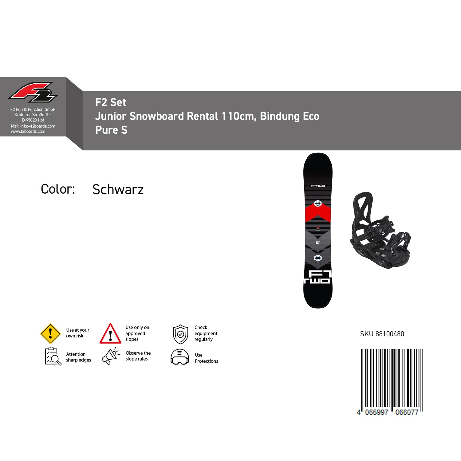 F2 Set Junior Snowboard Rental mit Bindung Eco Pure Komplettset Größe wählbar