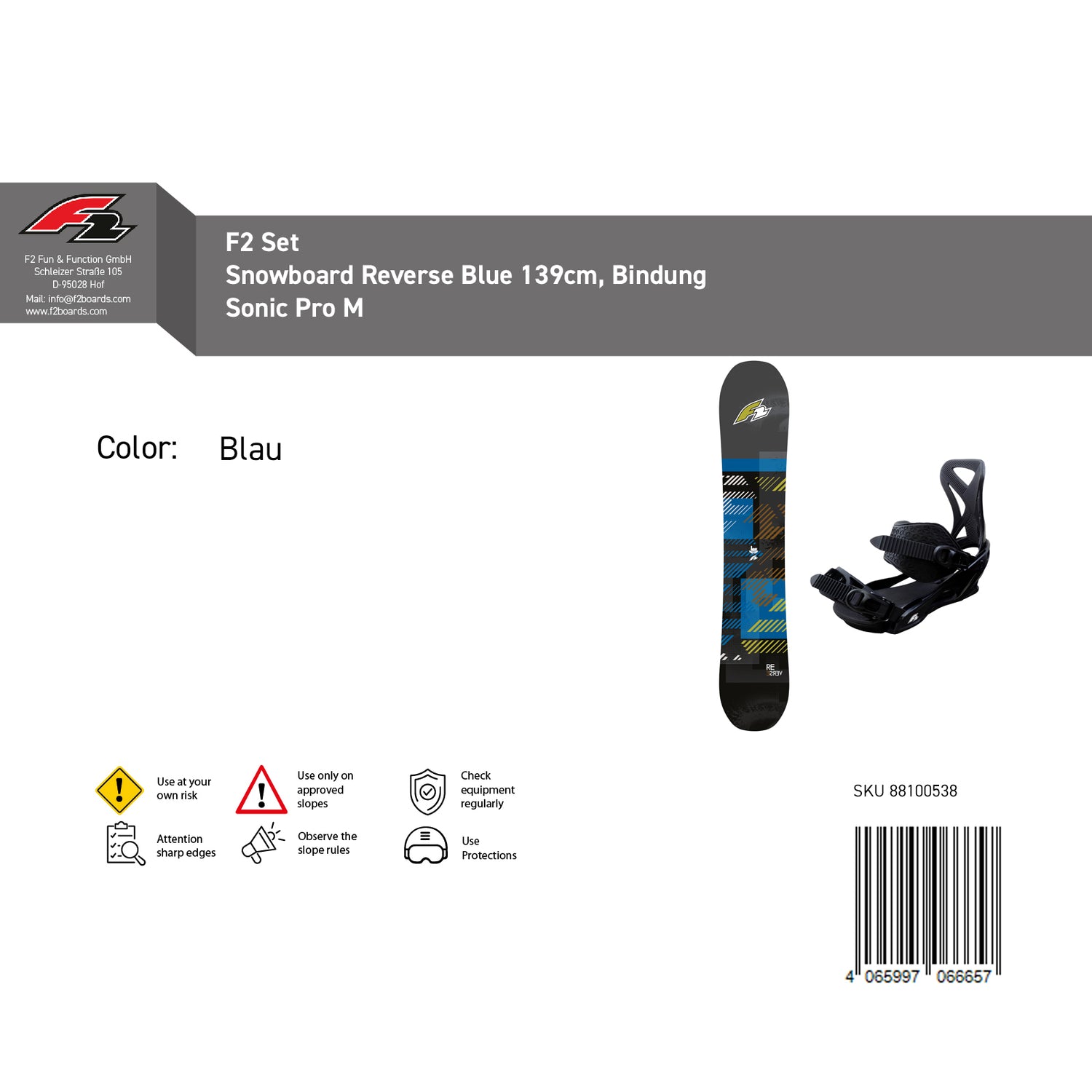 F2 Set Snowboard Reverse Blue mit Bindung Sonic Pro Komplettset Größe wählbar