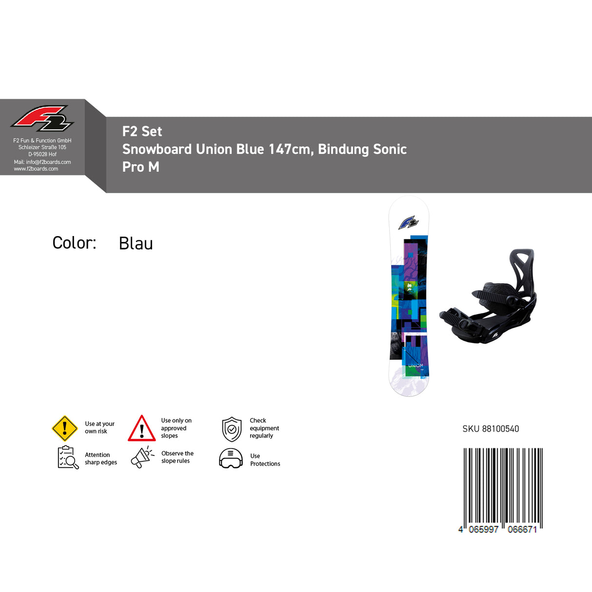 F2 Set Herren Snowboard Union Blue mit Bindung Sonic Pro Komplettset Größen wählbar