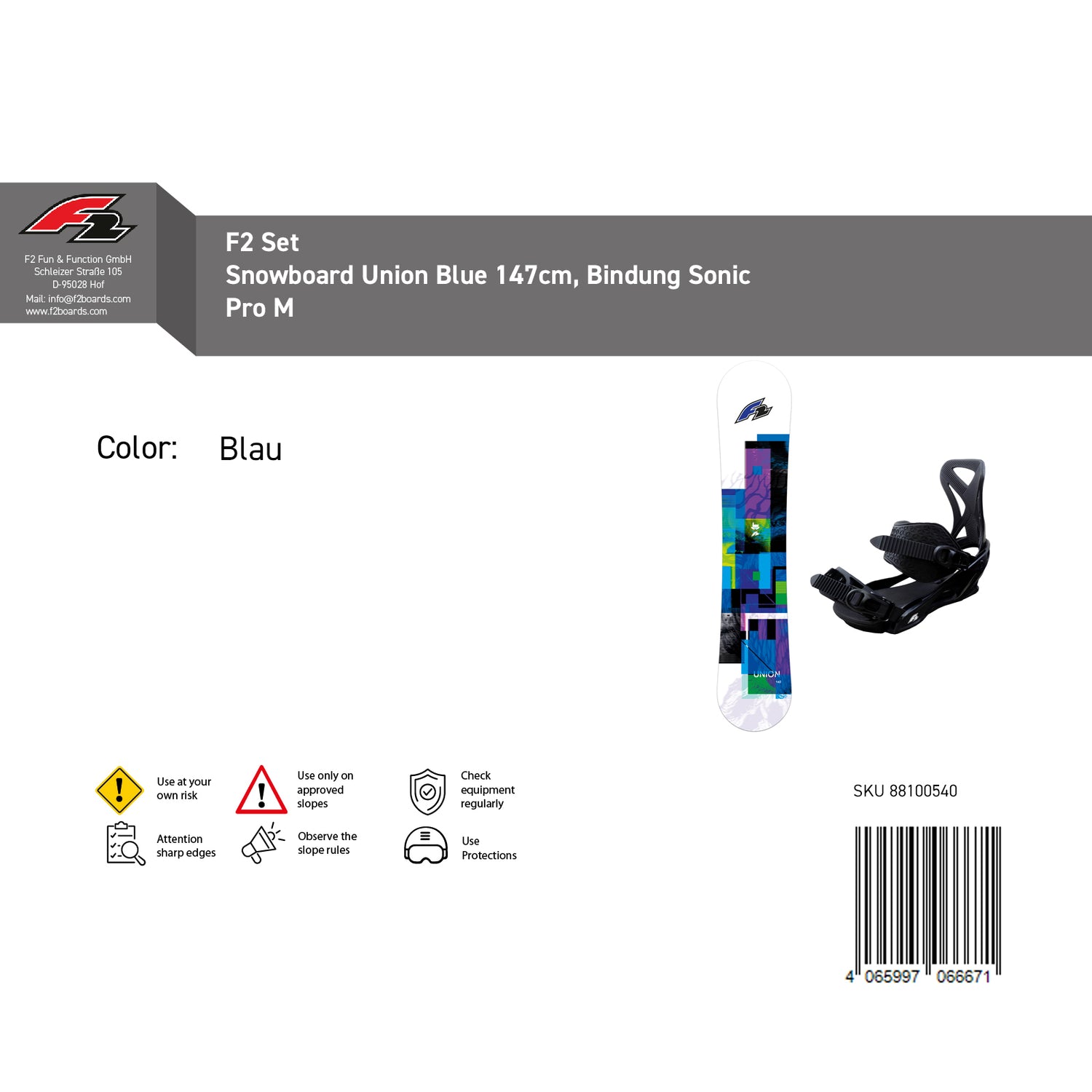 F2 Set Herren Snowboard Union Blue mit Bindung Sonic Pro Komplettset Größen wählbar