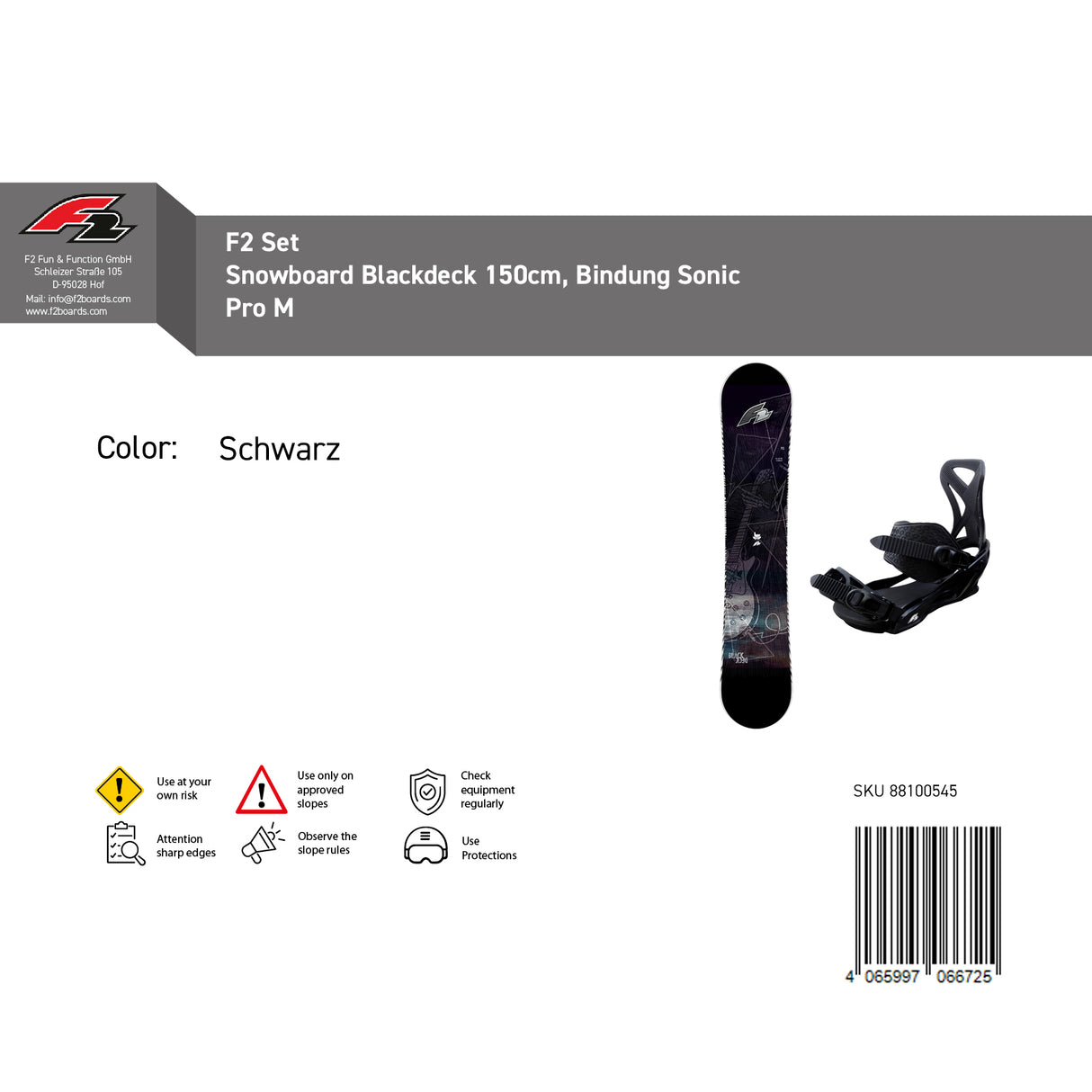 F2 Set Herren Snowboard Blackdeck mit Bindung Sonic Pro Komplettset Größe wählbar