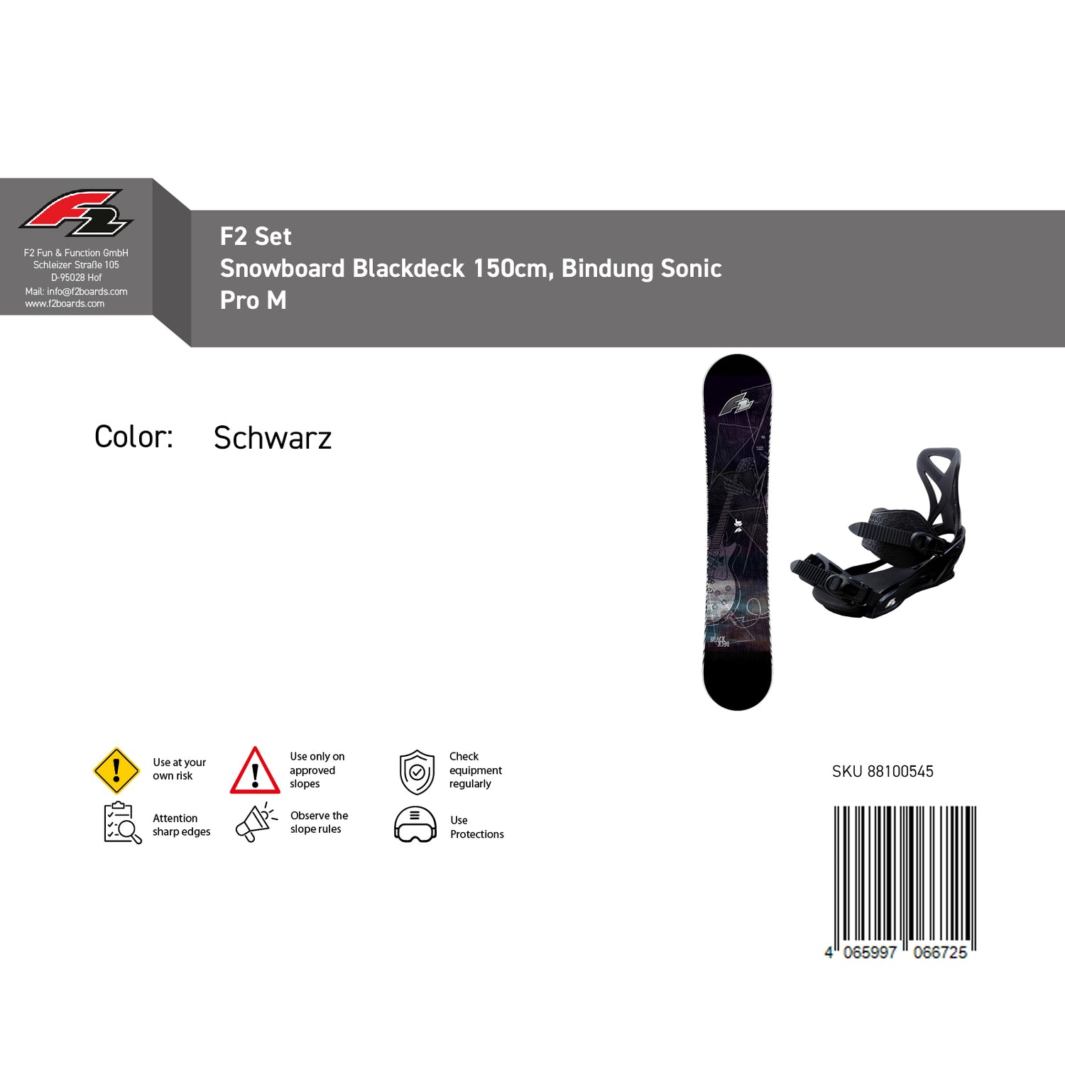 F2 Set Herren Snowboard Blackdeck mit Bindung Sonic Pro Komplettset Größe wählbar