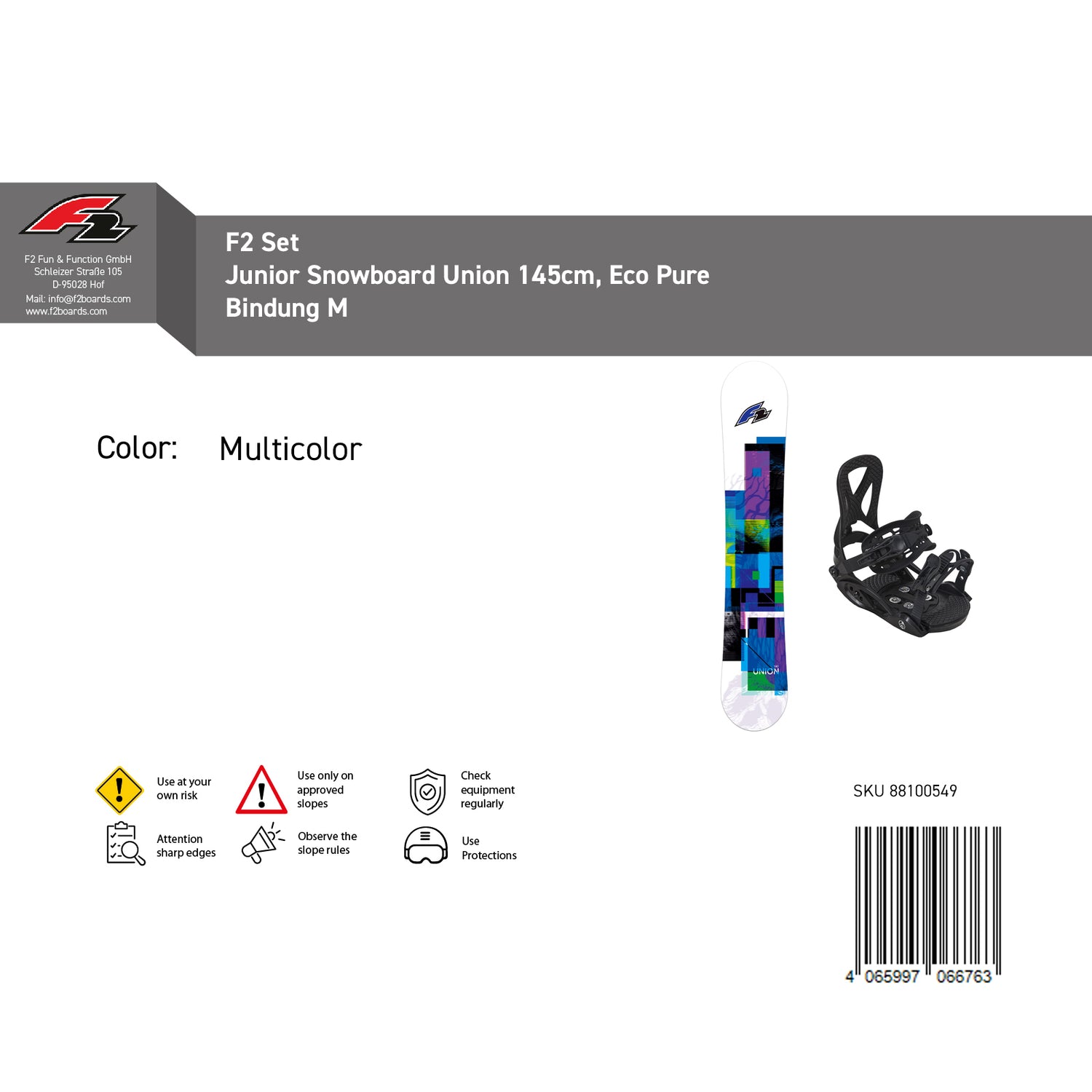 F2 Junior Snowboard Set Union mit Eco Pure Bindung Komplettset Größe wählbar