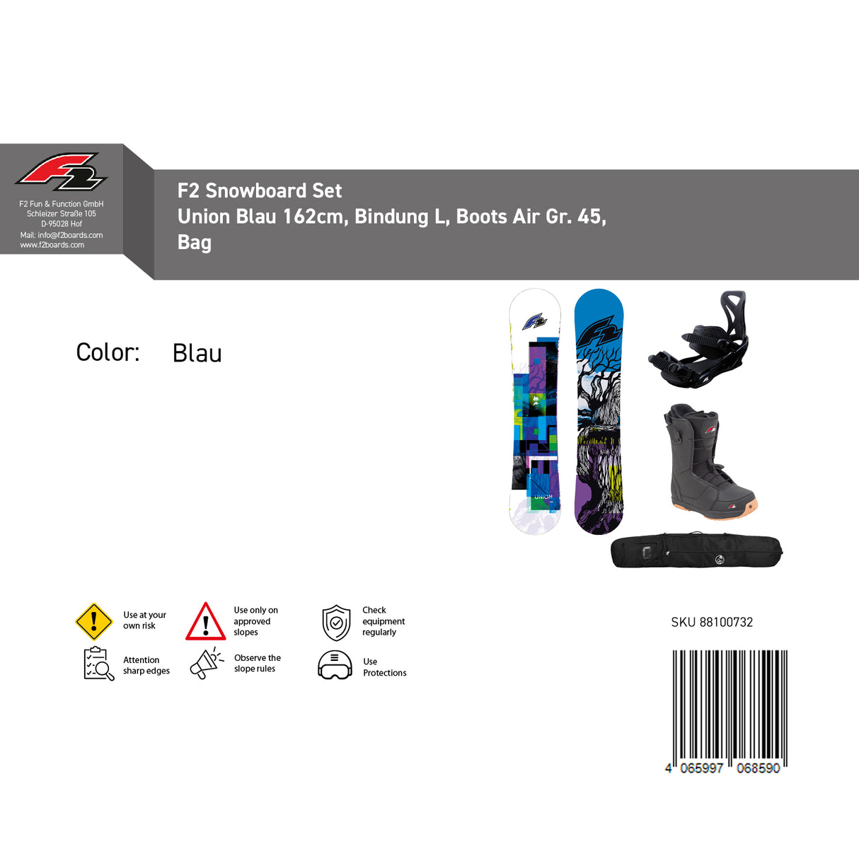 F2 Set Snowboard Union Blau mit Bindung Sonic Pro, Boots Air und Tasche Komplettset Größen wählbar