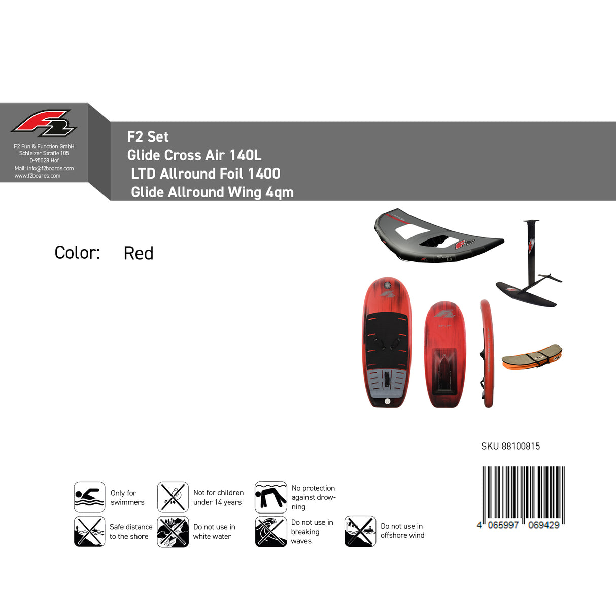 F2 Set Glide Cross Air 140L + LTD Allround Foil 1400 + Glide Allround Wing 4qm