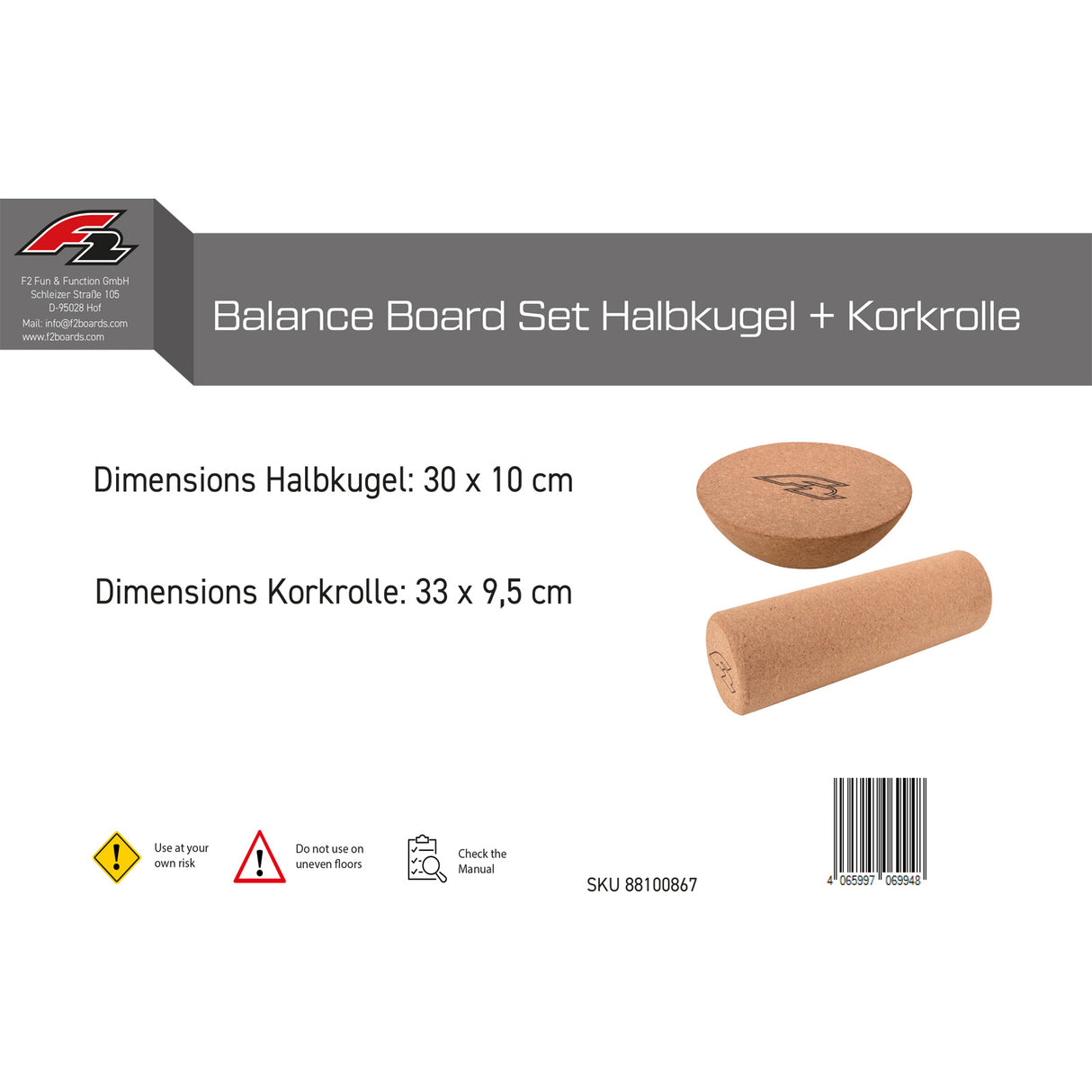 F2 Set Balance Board Halbkugel 30x10cm + Korkrolle 33x9,5cm