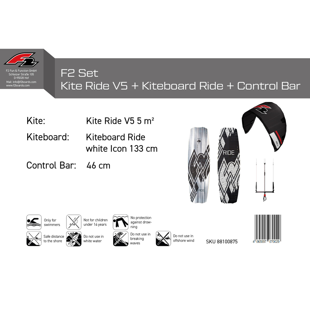 F2 Set Kite Ride V5 + Kiteboard Ride White Icon + Control Bar Größen wählbar