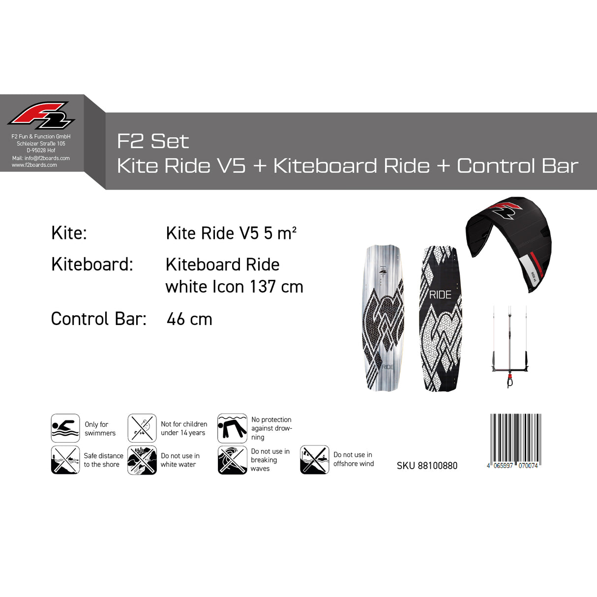 F2 Set Kite Ride V5 mit Kiteboard Ride White Icon und Control Bar Komplettset Größen wählbar