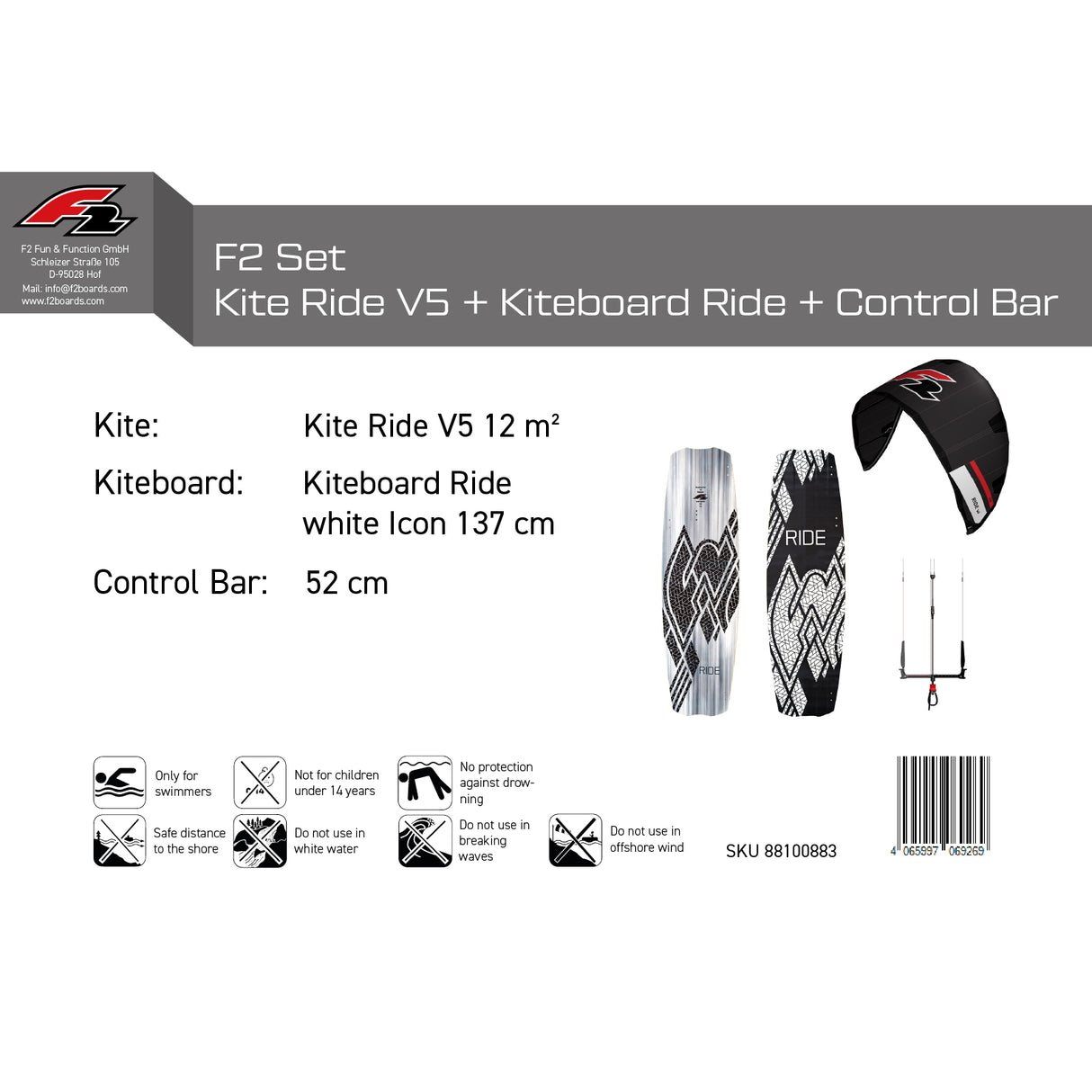 F2 Set Kite Ride V5 mit Kiteboard Ride White Icon und Control Bar Komplettset Größen wählbar