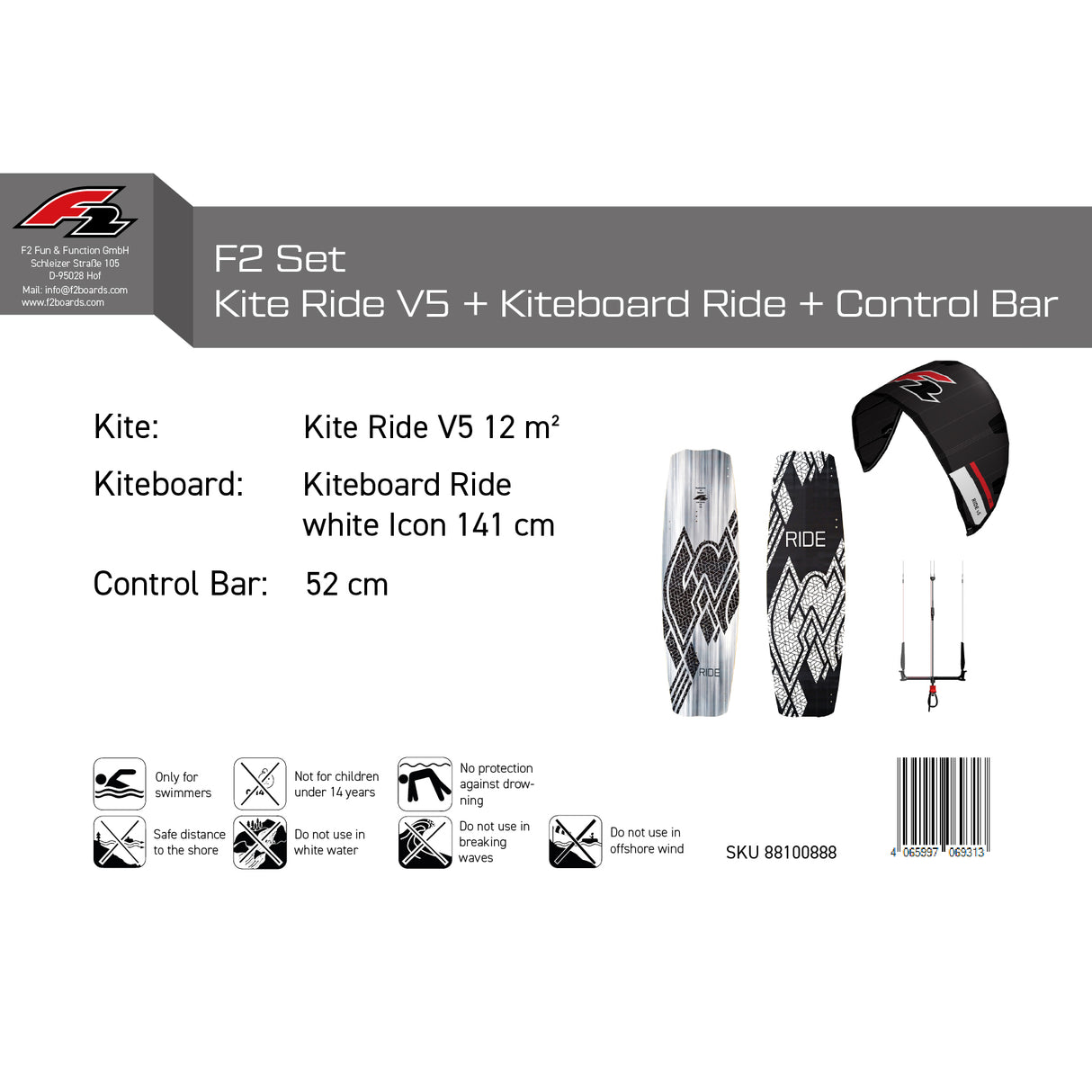F2 Set Kite Ride V5 mit Kiteboard Ride White Icon und Control Bar Komplettset Größen wählbar
