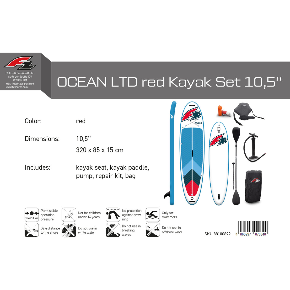 F2 Marken Stand Up Paddle Board Ocean LTD Rot - Größen und Zubehör wählbar