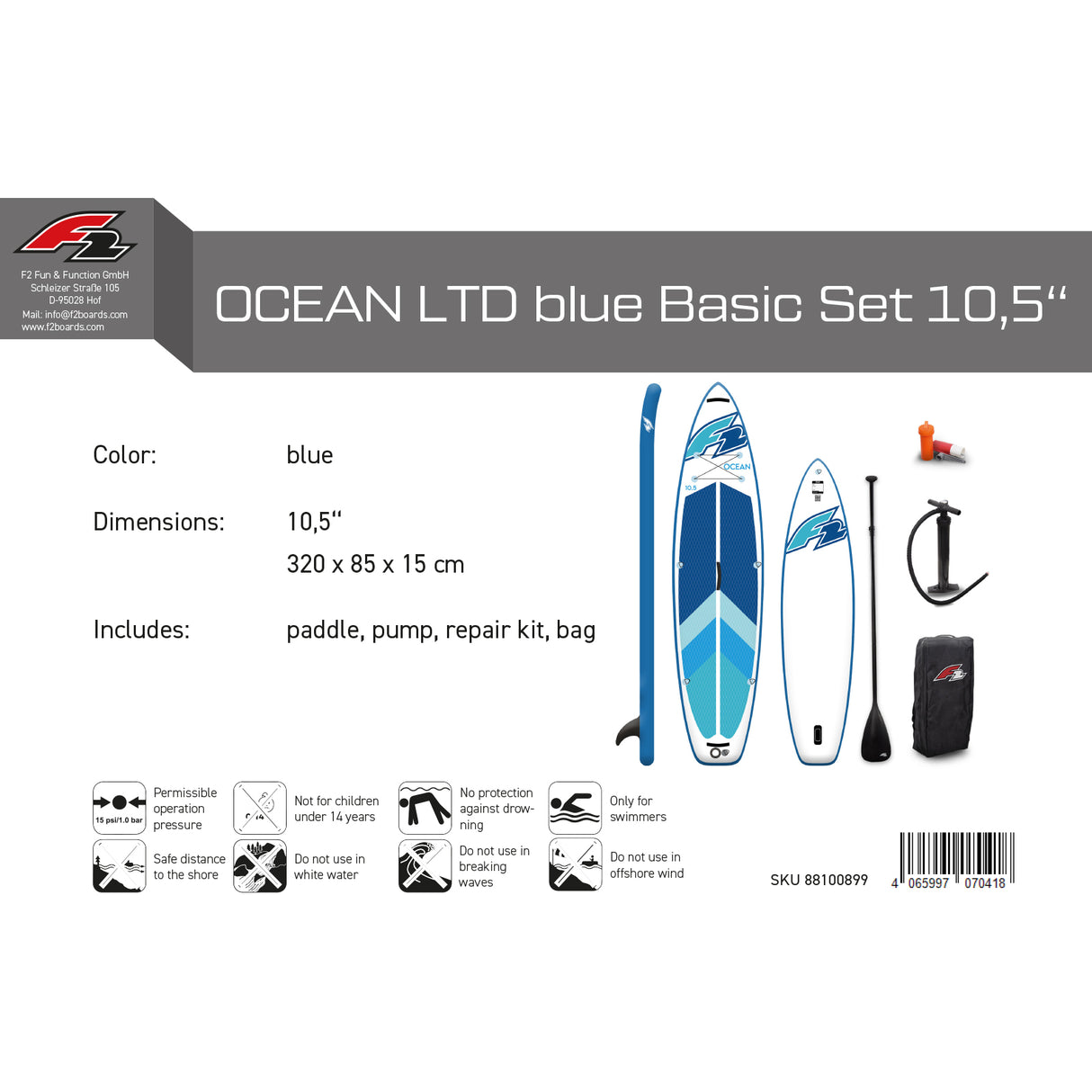 F2 Marken Stand Up Paddle Board Ocean Blau SUP 10'5 320cm + Basic Zubehör Paket