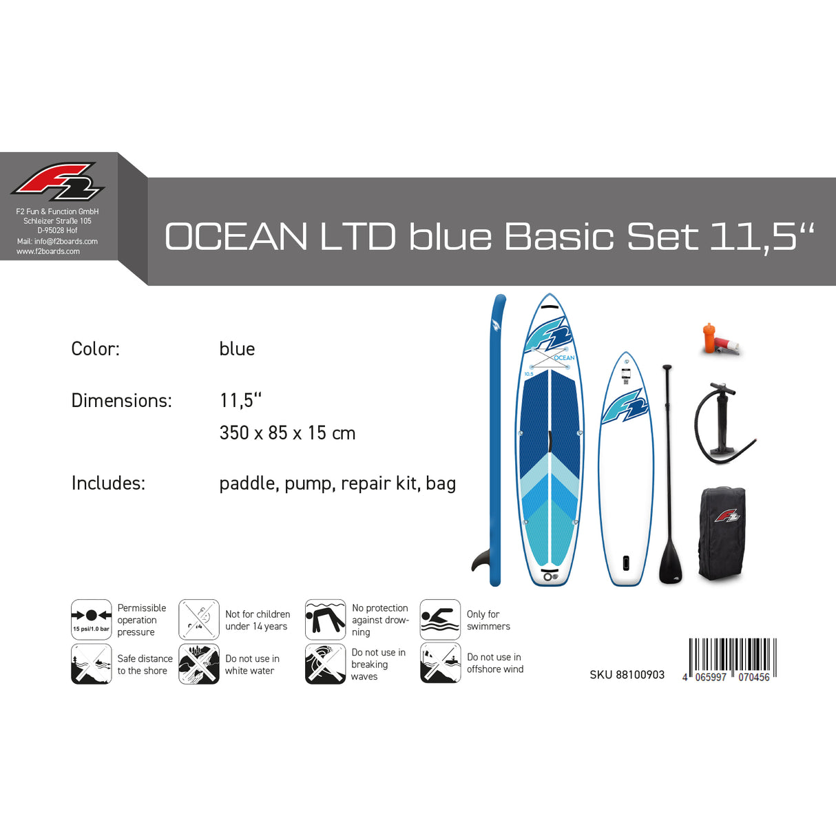 F2 Marken Stand Up Paddle Board Ocean Blau SUP 11'5 350cm + Basic Zubehör Paket