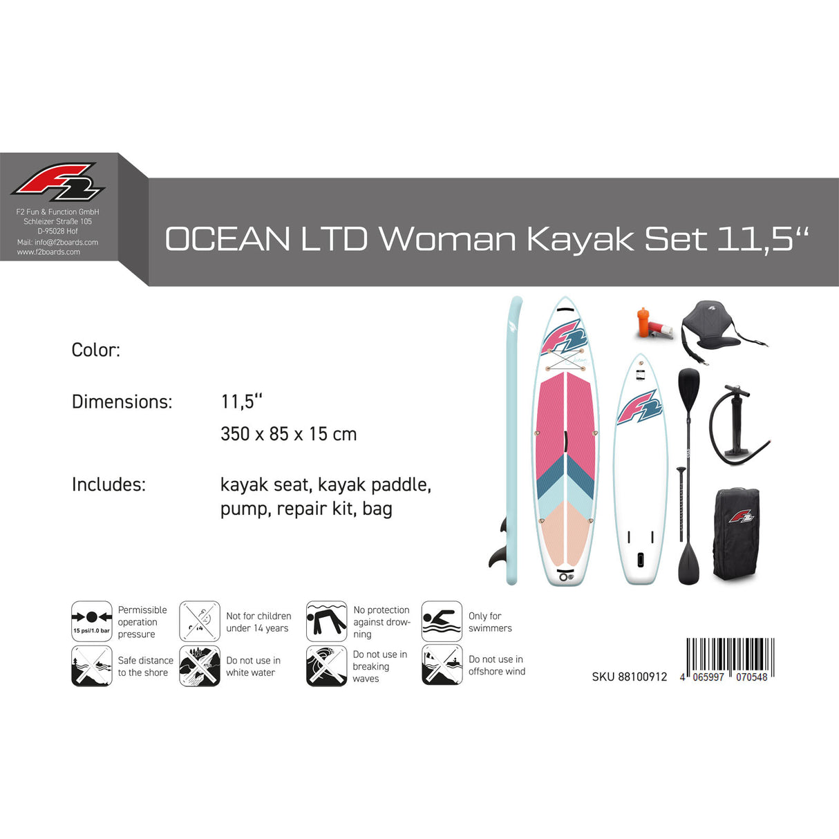 F2 Marken Stand Up Paddle Board Ocean Damen SUP 11'5 350cm + Kajak Zubehör Paket