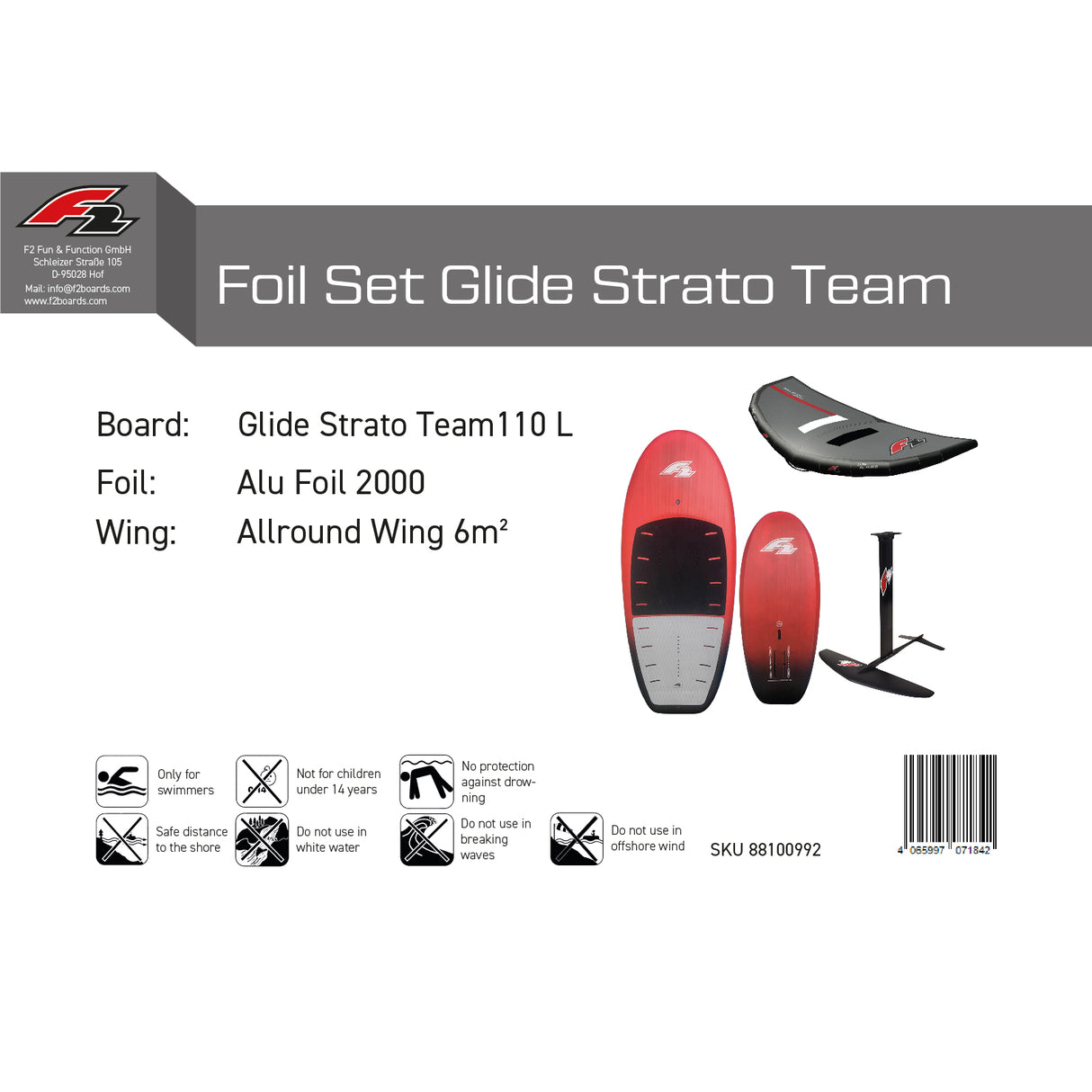 F2 Set Foilboard Glide Strato Team + Alu Limited Foil + Allround Wing Komplettset Größen wählbar