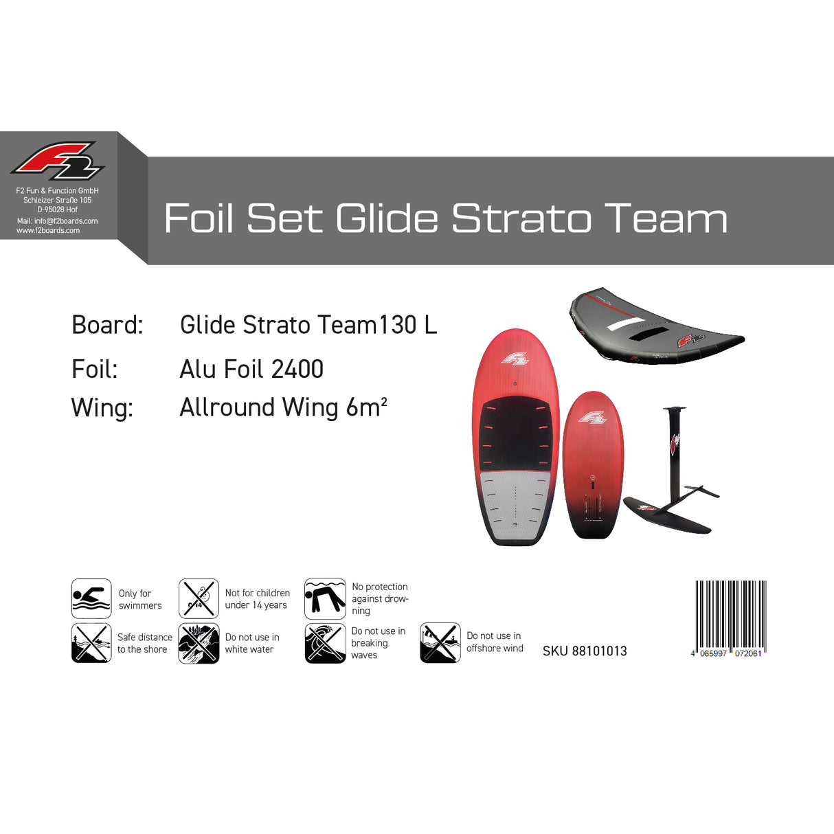 F2 Set Foilboard Glide Strato Team + Alu Limited Foil + Allround Wing Komplettset Größen wählbar