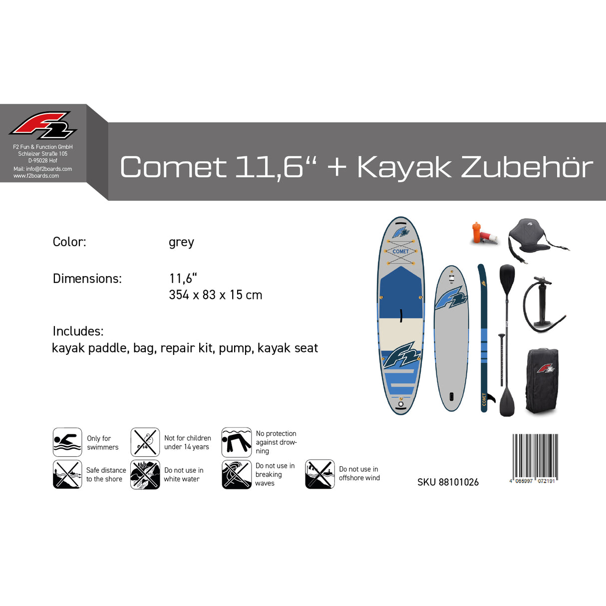 F2 Set Stand Up Paddle Board Comet Grau 11,6 + Kajak Zubehör Paket