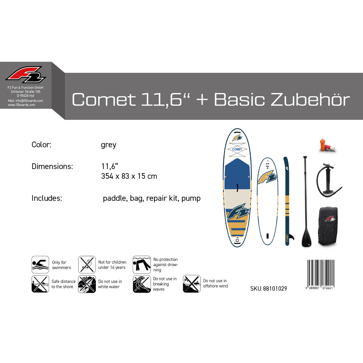 F2 Set Stand Up Paddle Board Comet Weiss 11,6 + Basic Zubehör Paket