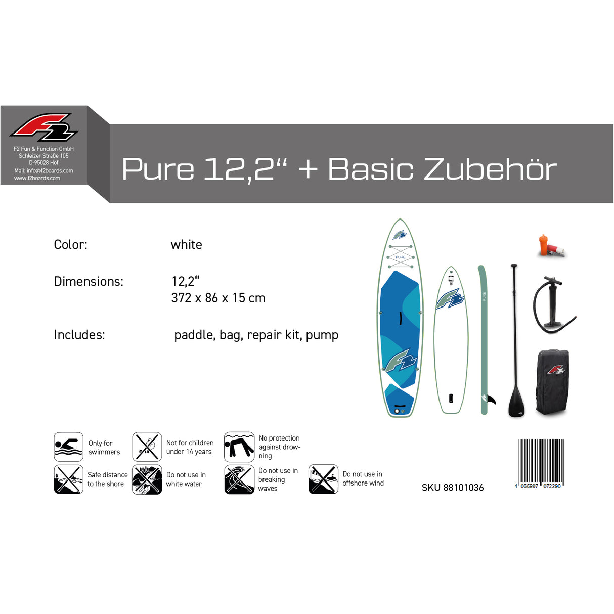 F2 Set Stand Up Paddle Board Pure Weiss 12,2 + Basic Zubehör Paket