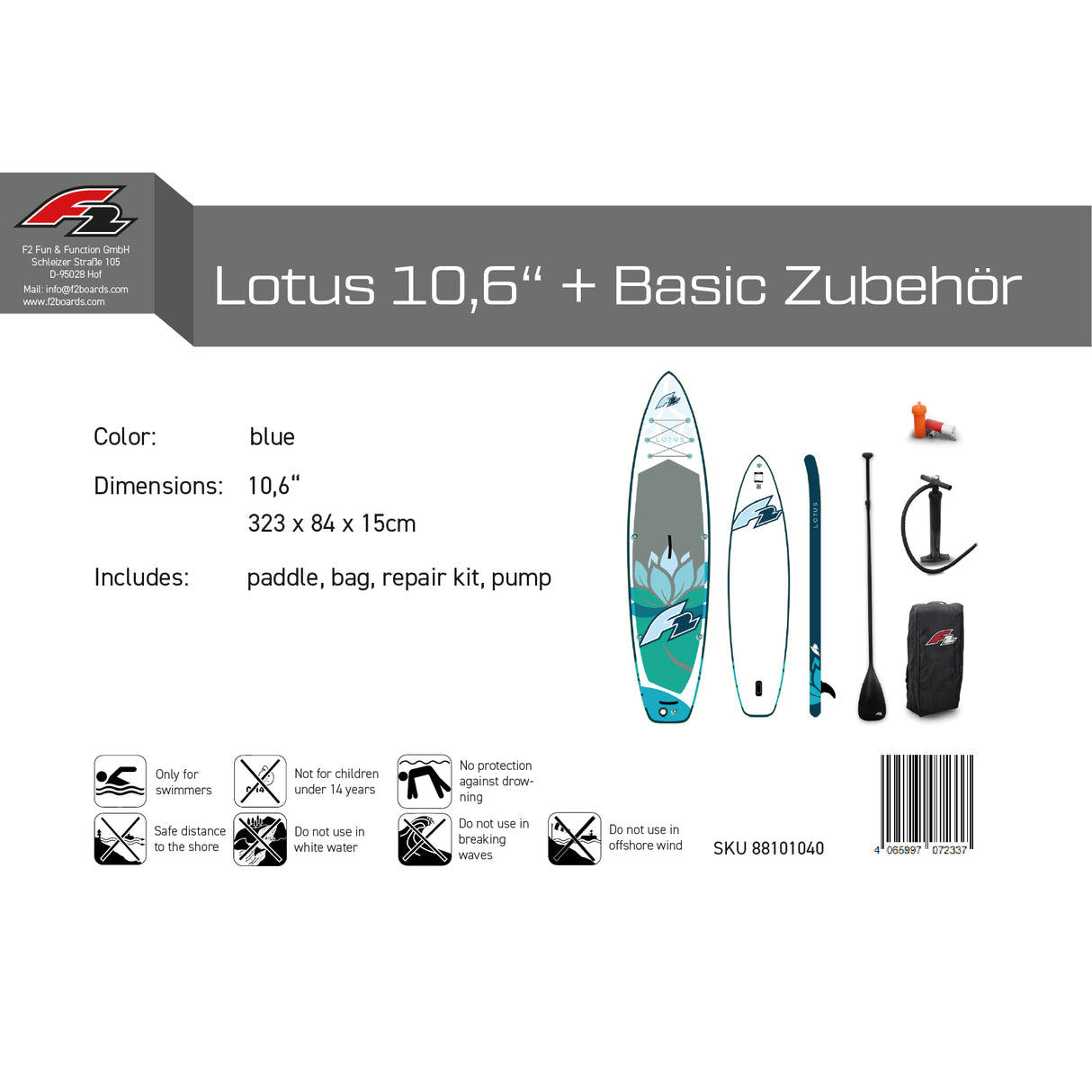 F2 Set Damen Stand Up Paddle Board Lotus Blau 10,6 + Basic Zubehör Paket