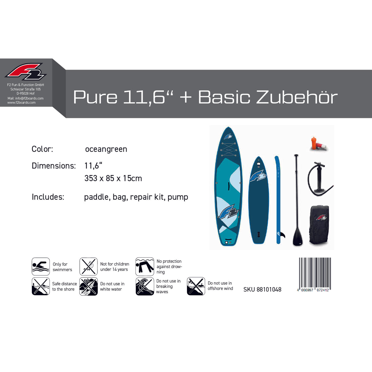 F2 Set Stand Up Paddle Board Pure Oceangreen 11,6 + Basic Zubehör Paket