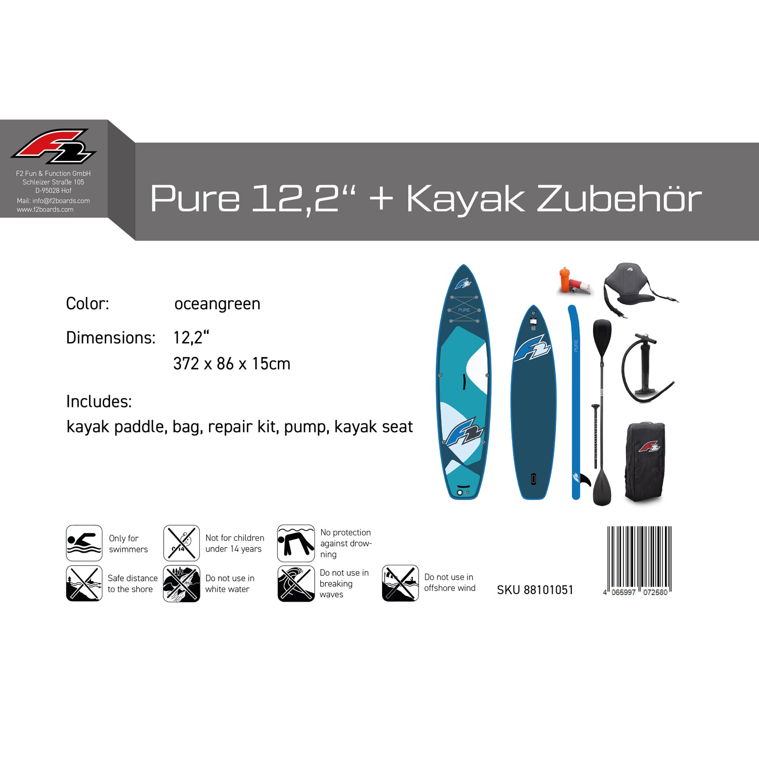 F2 SUP Stand Up Paddle Board Pure Oceangreen - Komplettset Größen und Zubehör wählbar