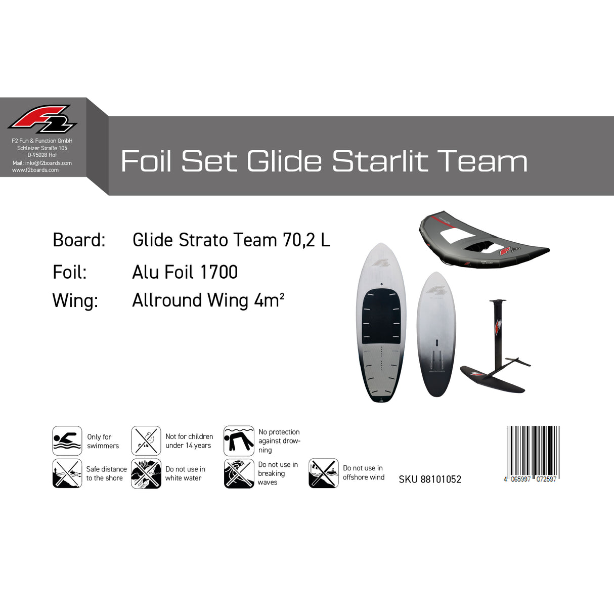 F2 Set Foilboard Glide Starlit Team + Alu Limited Foil + Allround Wing Komplettset Größen wählbar