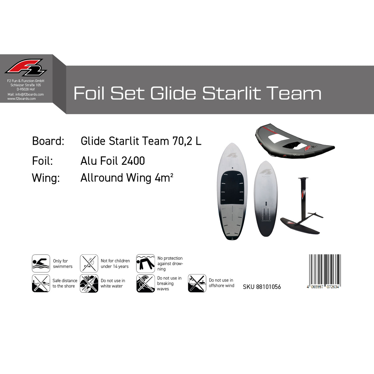 F2 Set Foilboard Glide Starlit Team + Alu Limited Foil + Allround Wing Komplettset Größen wählbar