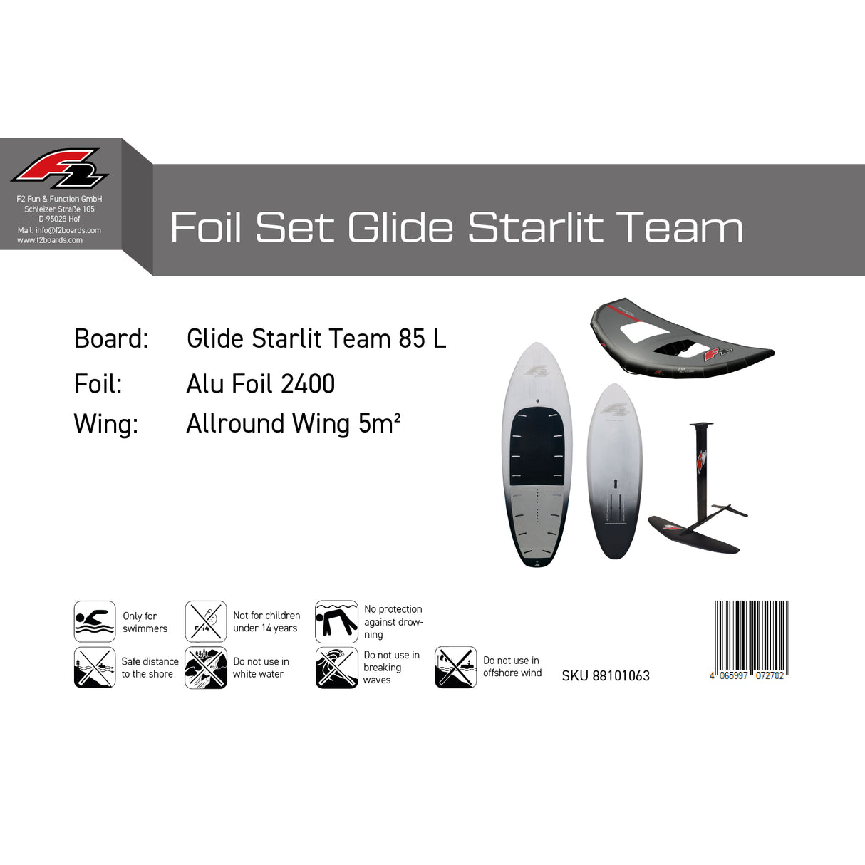 F2 Set Foilboard Glide Starlit Team + Alu Limited Foil + Allround Wing Komplettset Größen wählbar