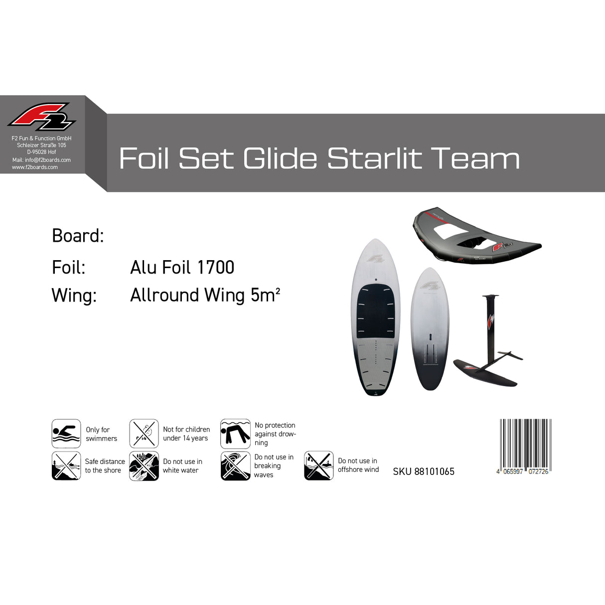 F2 Set Foilboard Glide Starlit Team + Alu Limited Foil + Allround Wing Komplettset Größen wählbar