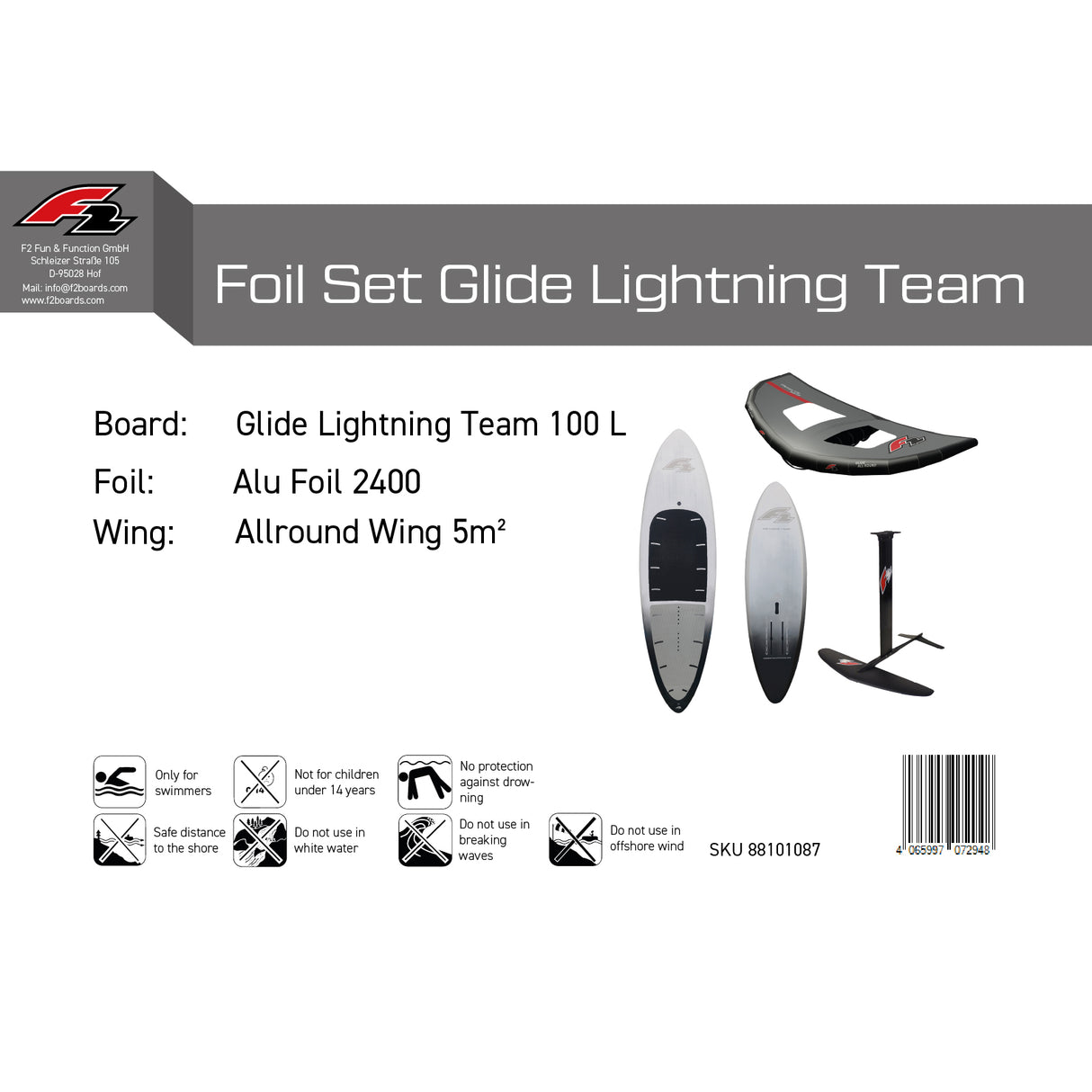 F2 Set Foilboard Glide Lightning Team + Alu Limited Foil + Allround Wing Komplettset Größen wählbar