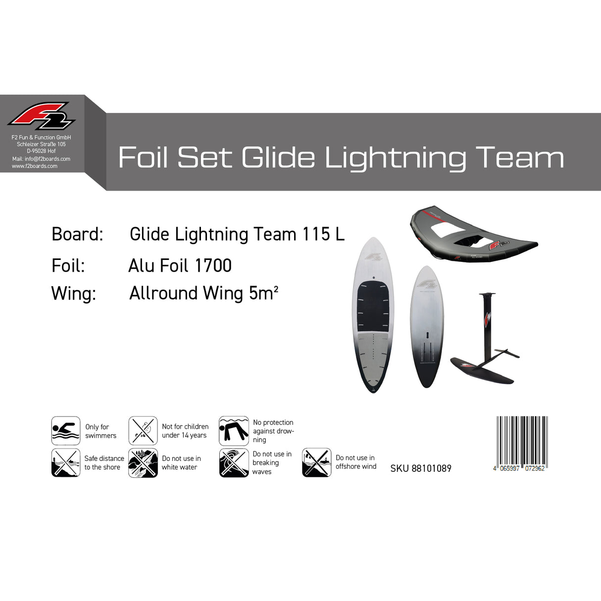 F2 Set Foilboard Glide Lightning Team + Alu Limited Foil + Allround Wing Komplettset Größen wählbar