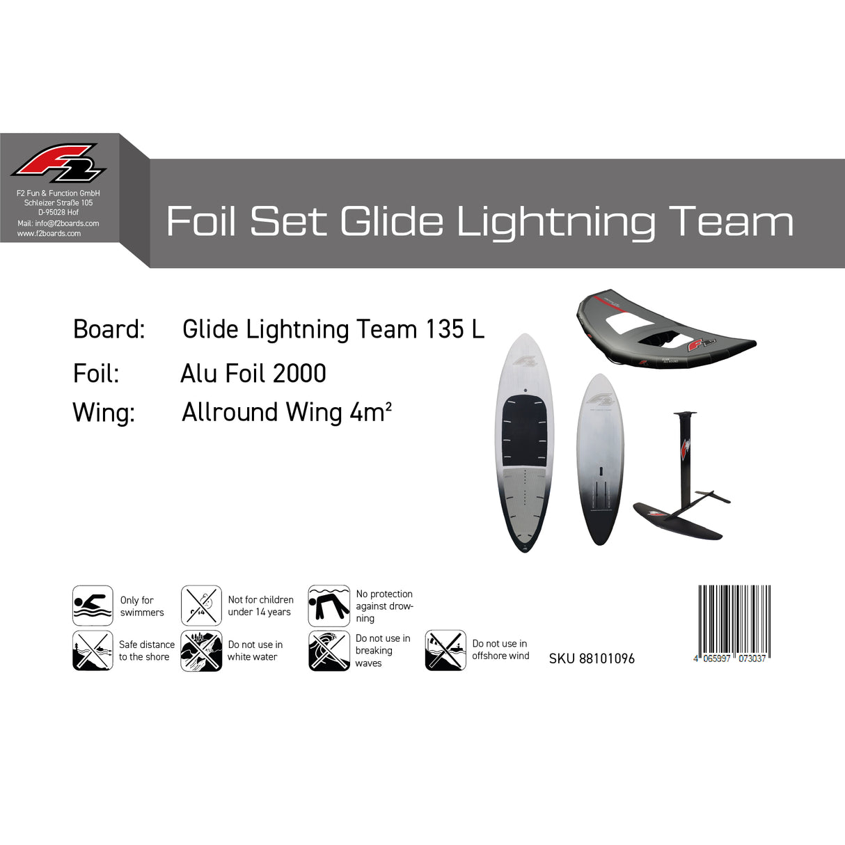 F2 Set Foilboard Glide Lightning Team + Alu Limited Foil + Allround Wing Komplettset Größen wählbar