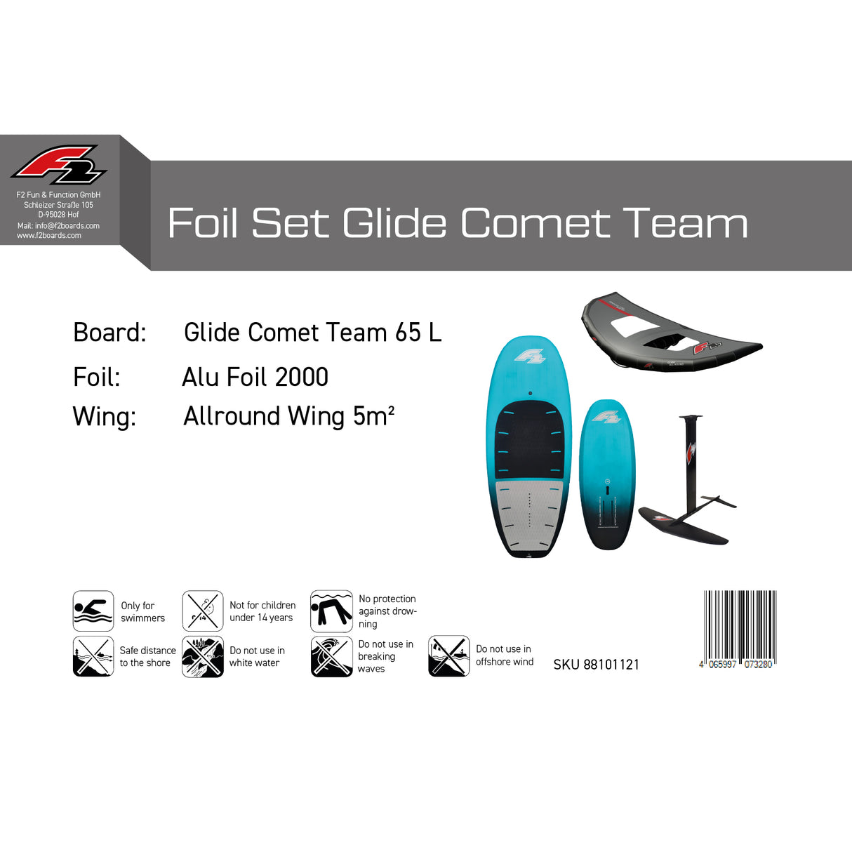 F2 Set Foilboard Glide Comet Team + Alu Limited Foil + Allround Wing Komplettset Größen wählbar
