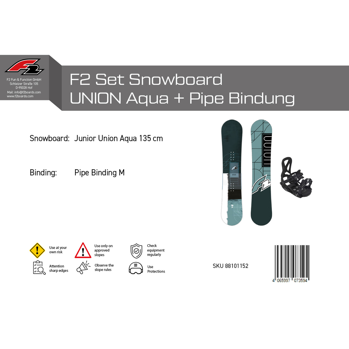 F2 Set Snowboard Junior Union Aqua 135cm + Pipe Bindung M