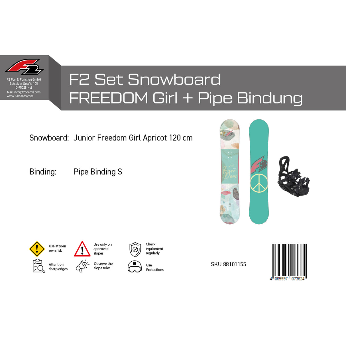 F2 Set Snowboard Junior Freedom Girl Mint + Pipe Bindung Größen wählbar