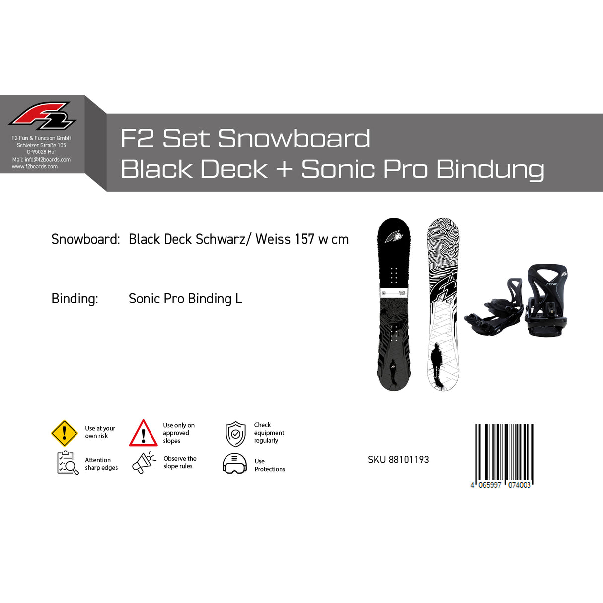 F2 Set Snowboard Blackdeck Wide Schwarz/Weiss 157w cm + Sonic Pro Bindung L