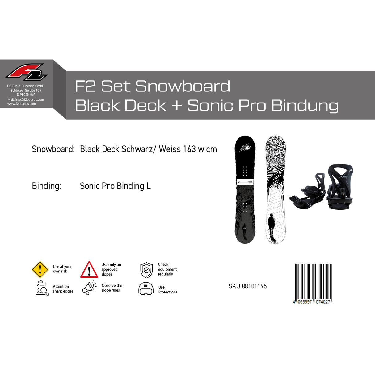 F2 Set Snowboard Blackdeck Schwarz/Weiss + Sonic Pro Bindung - Komplettset Größen wählbar