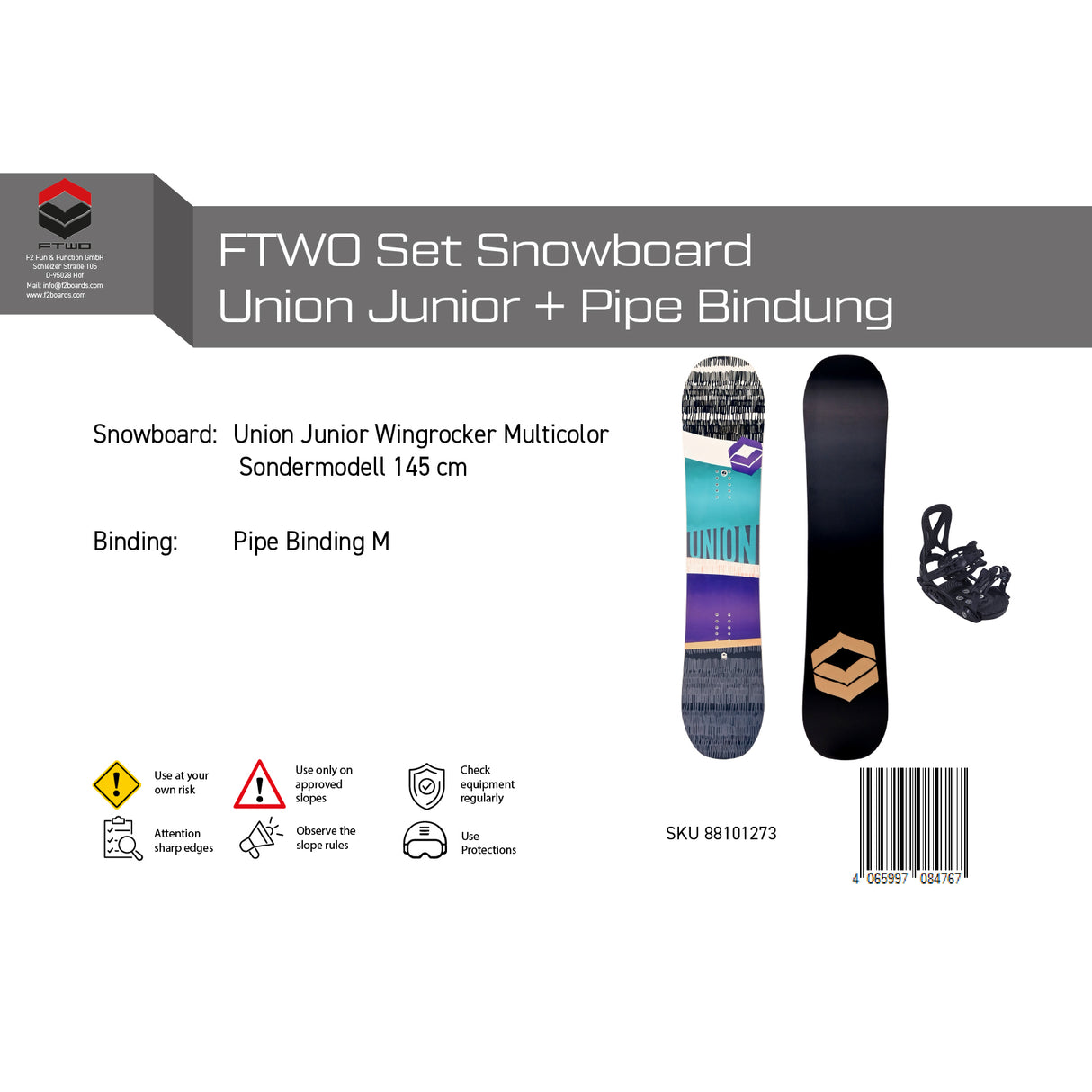 FTWO Set Junior Snowboard Union Wingrocker + Pipe Bindung - Sale - Komplettset Größen wählbar