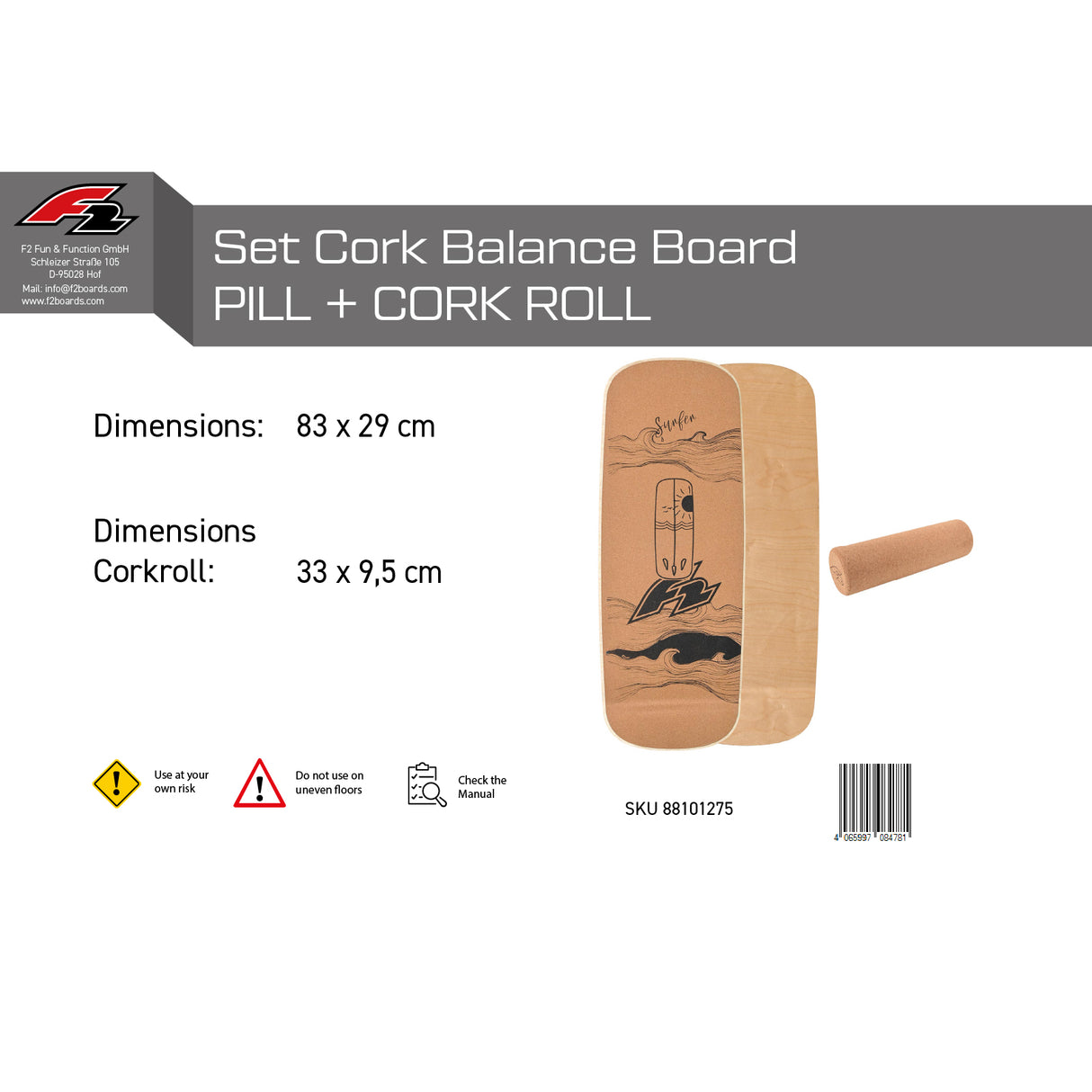 F2 Set Kork Balance Board Pill Flat Shape 80x30cm + Korkrolle