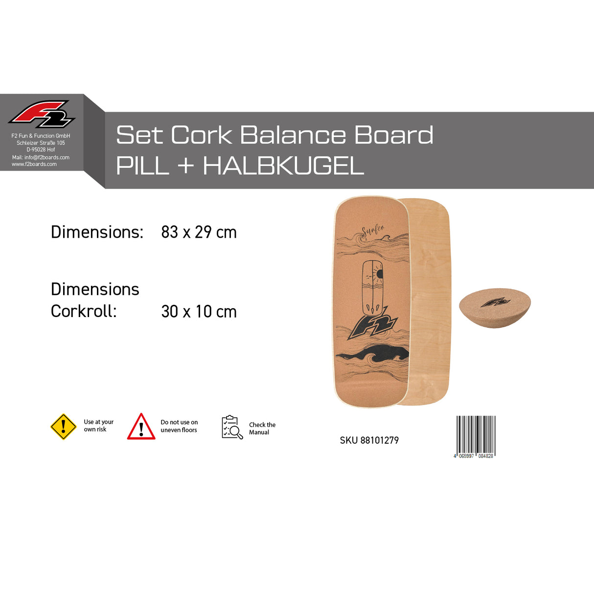 F2 Set Kork Balance Board Pill Flat Shape 80x30cm + Halbkugel