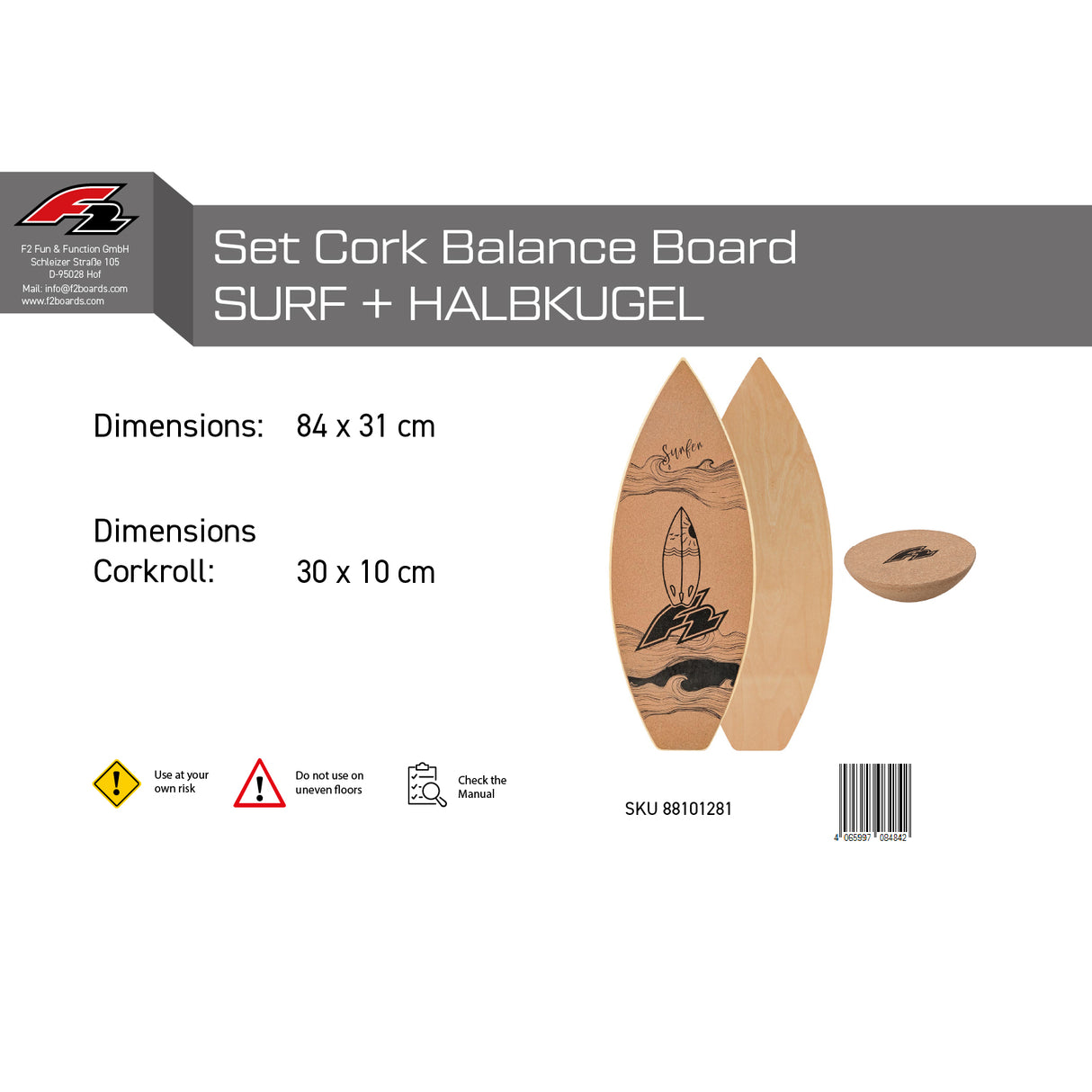 F2 Set Kork Balance Board Surf Flat Shape 84x31cm + Halbkugel
