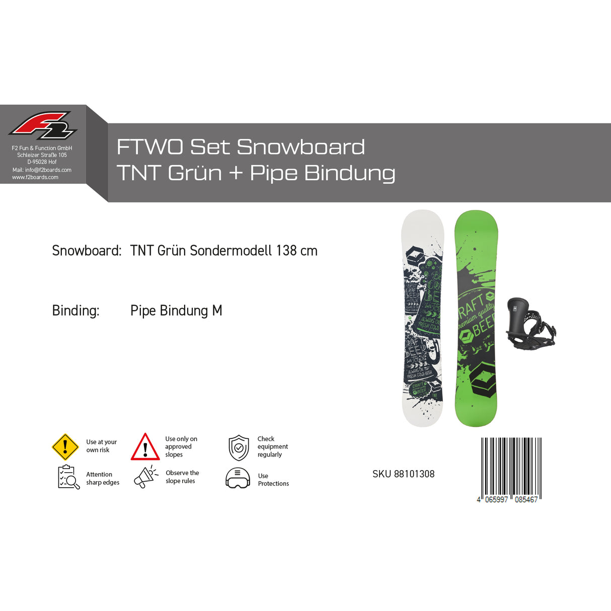FTWO Set Snowboard TNT Grün 138cm mit Pipe Bindung M Sale