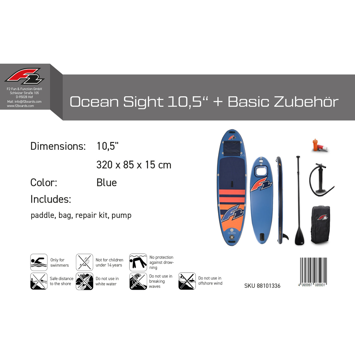 F2 Set Stand Up Paddle Board Ocean Sight Blau 10,5 + Basic Zubehör Paket