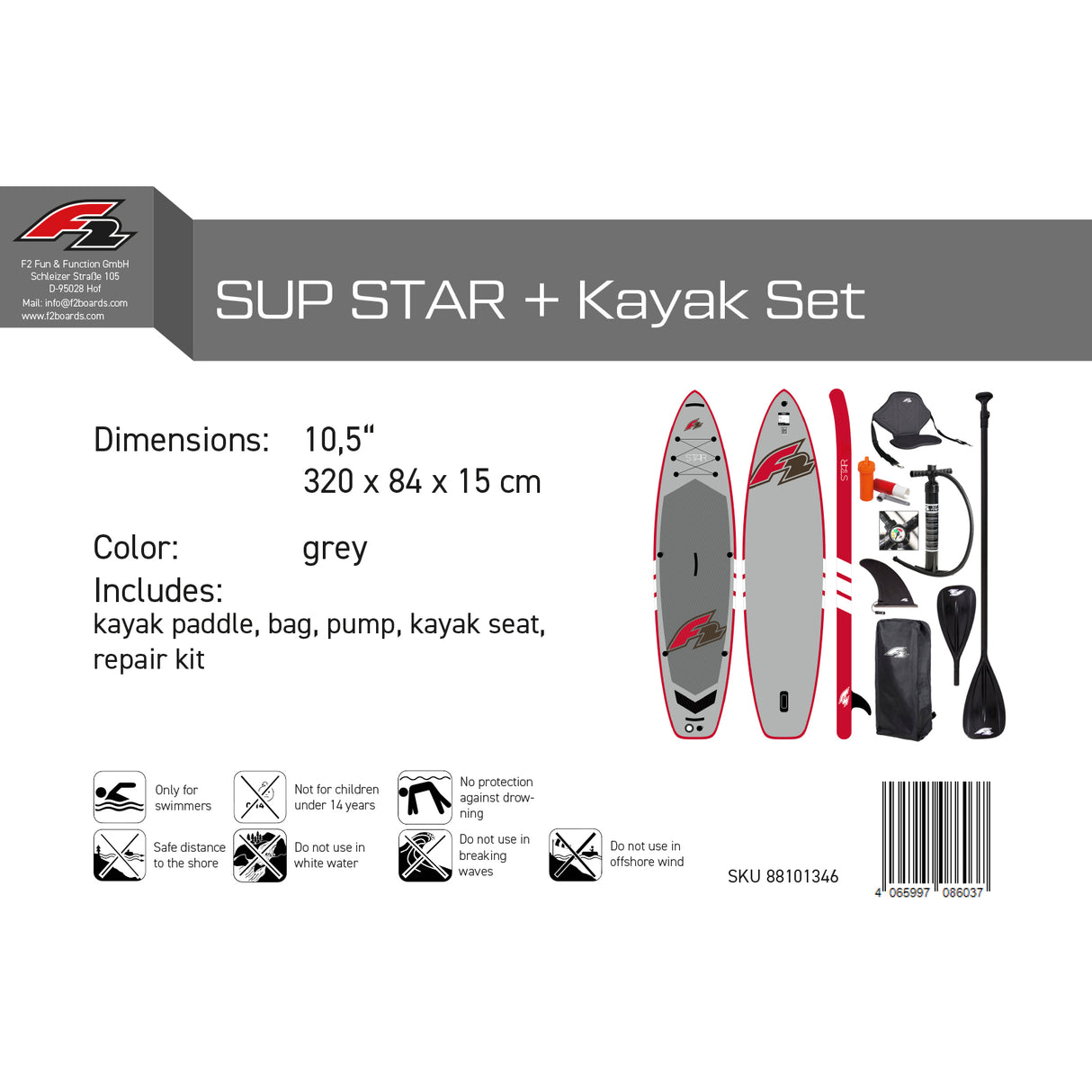 F2 Stand Up Paddle Board Star Grau + Kajak Zubehör - Größe wählbar