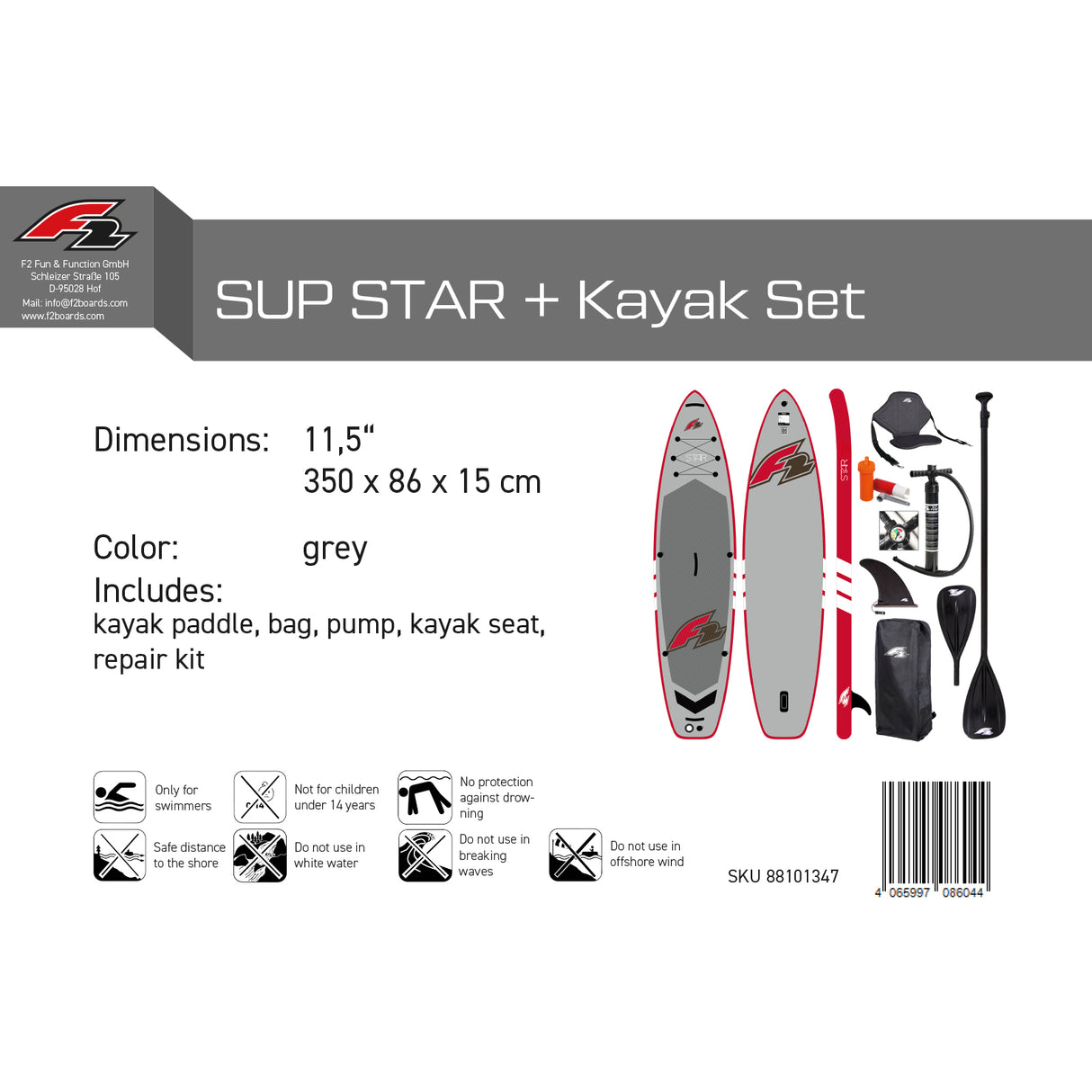 F2 Set Stand Up Paddle Board Star Grau 11,5 + Kajak Zubehör Paket