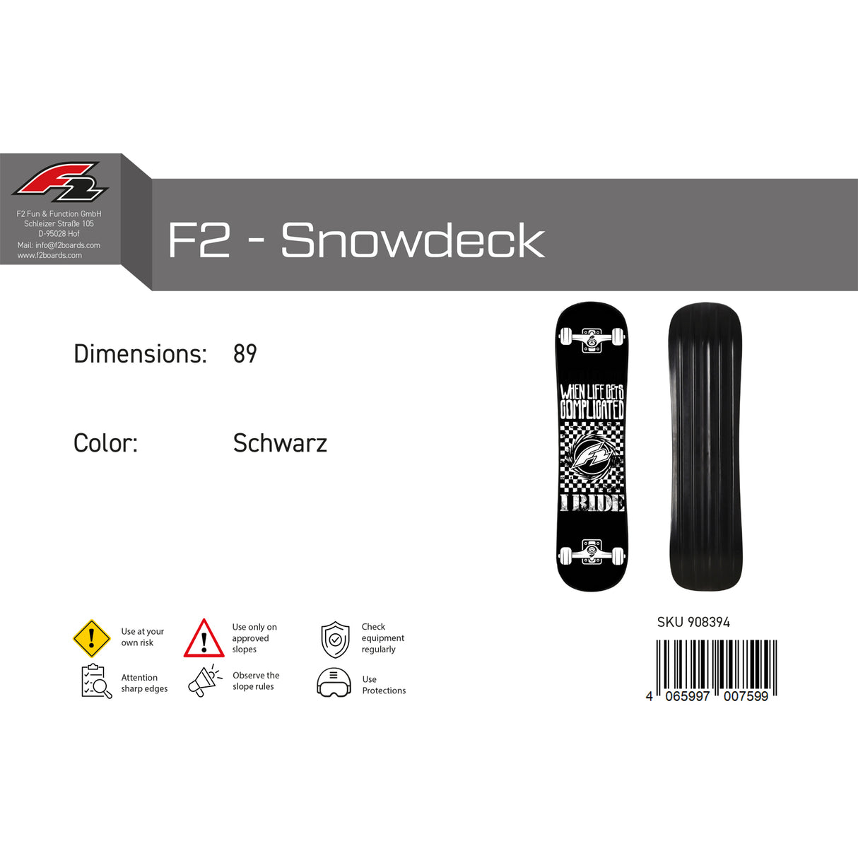 F2 Snowboard Snowdeck Schnee Skateboard 89cm Schwarz 2024/25