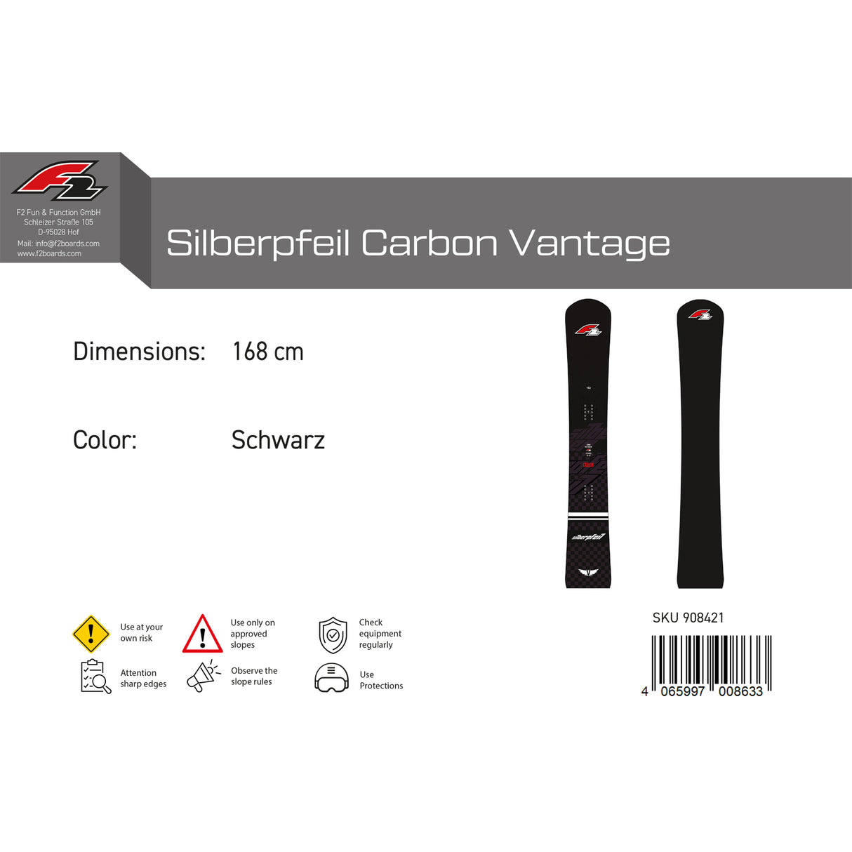 F2 Snowboard Silberpfeil Carbon Vantage Race Größe wählbar Schwarz 2023/24